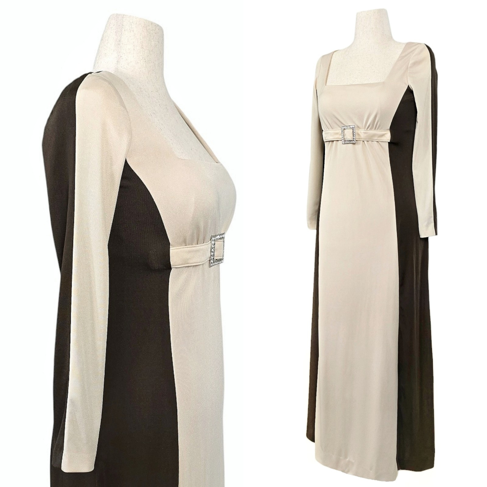 1970s Vintage Dress 70s Formal Eva Gabor Colorblock Brown S/M Small Medium Belt