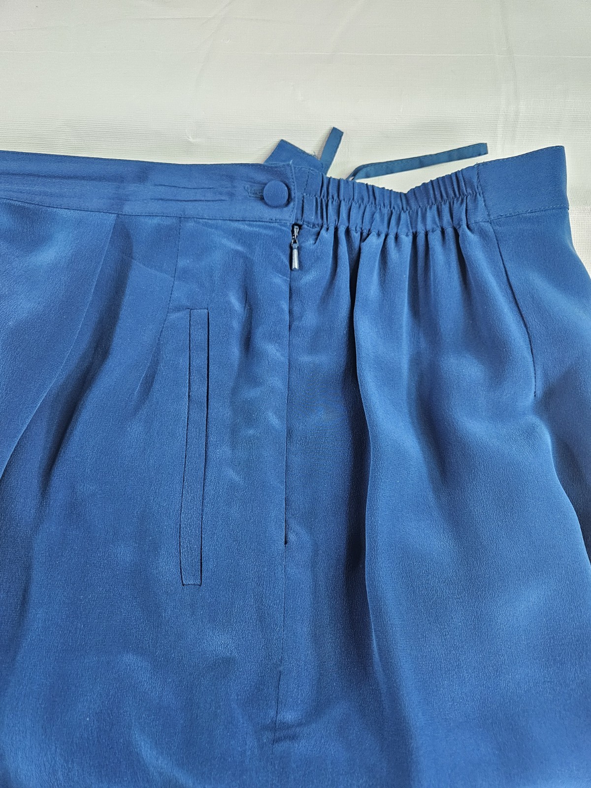 Vtg 90&rsquo;s Patrick Collection 100% Silk Pant Suit Women 12 Blue Shoulder Pad Read