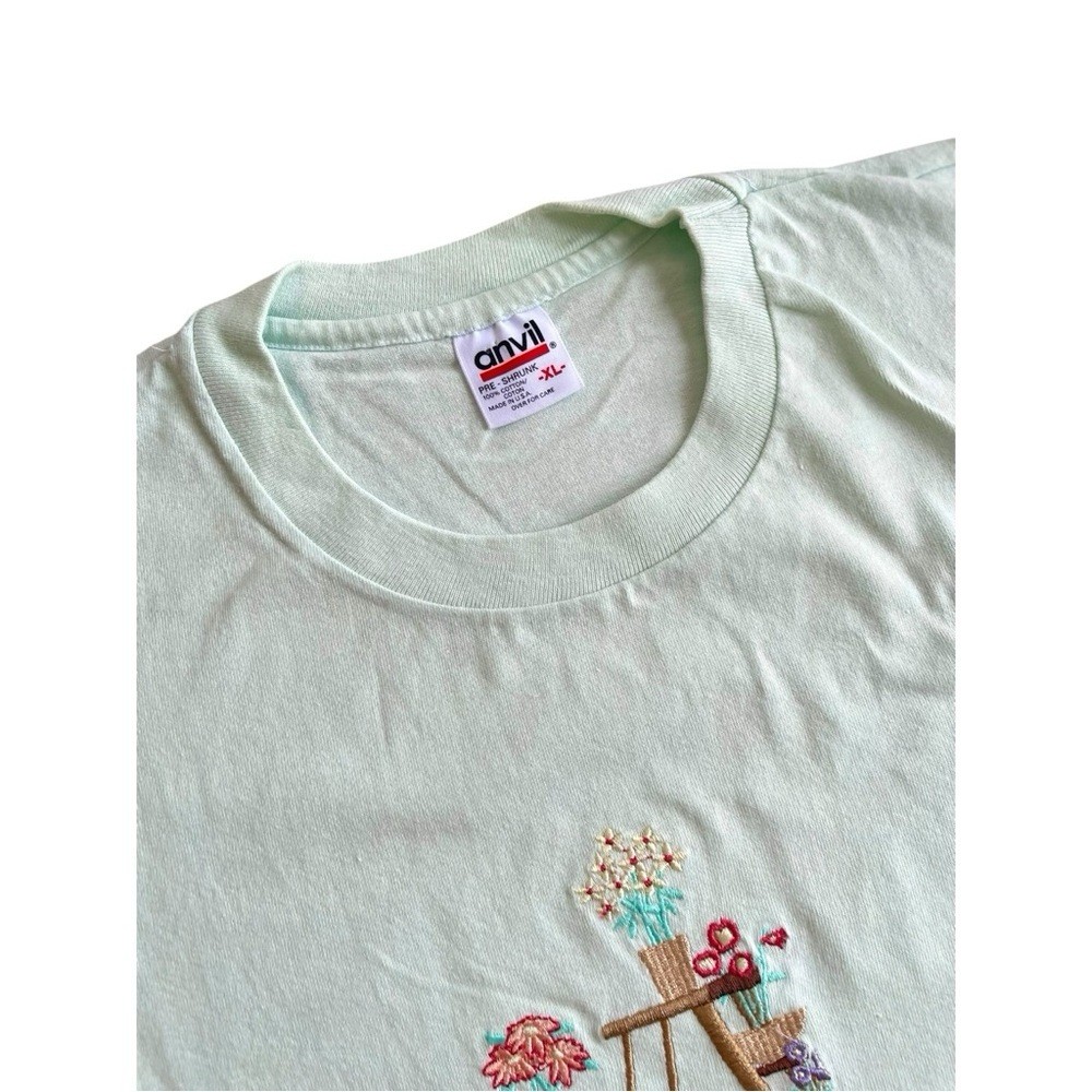 Vintage Anvil Pastel Mint Green Cotton Embroidered Flowers Tee T-Shirt XL