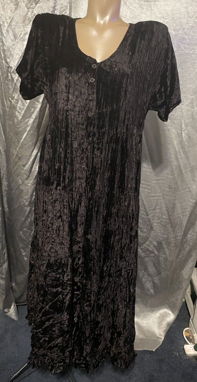 Vtg 90s Nostalgia Black Velvet Button Down Goth Midi Dress Whimisogth Sz Small