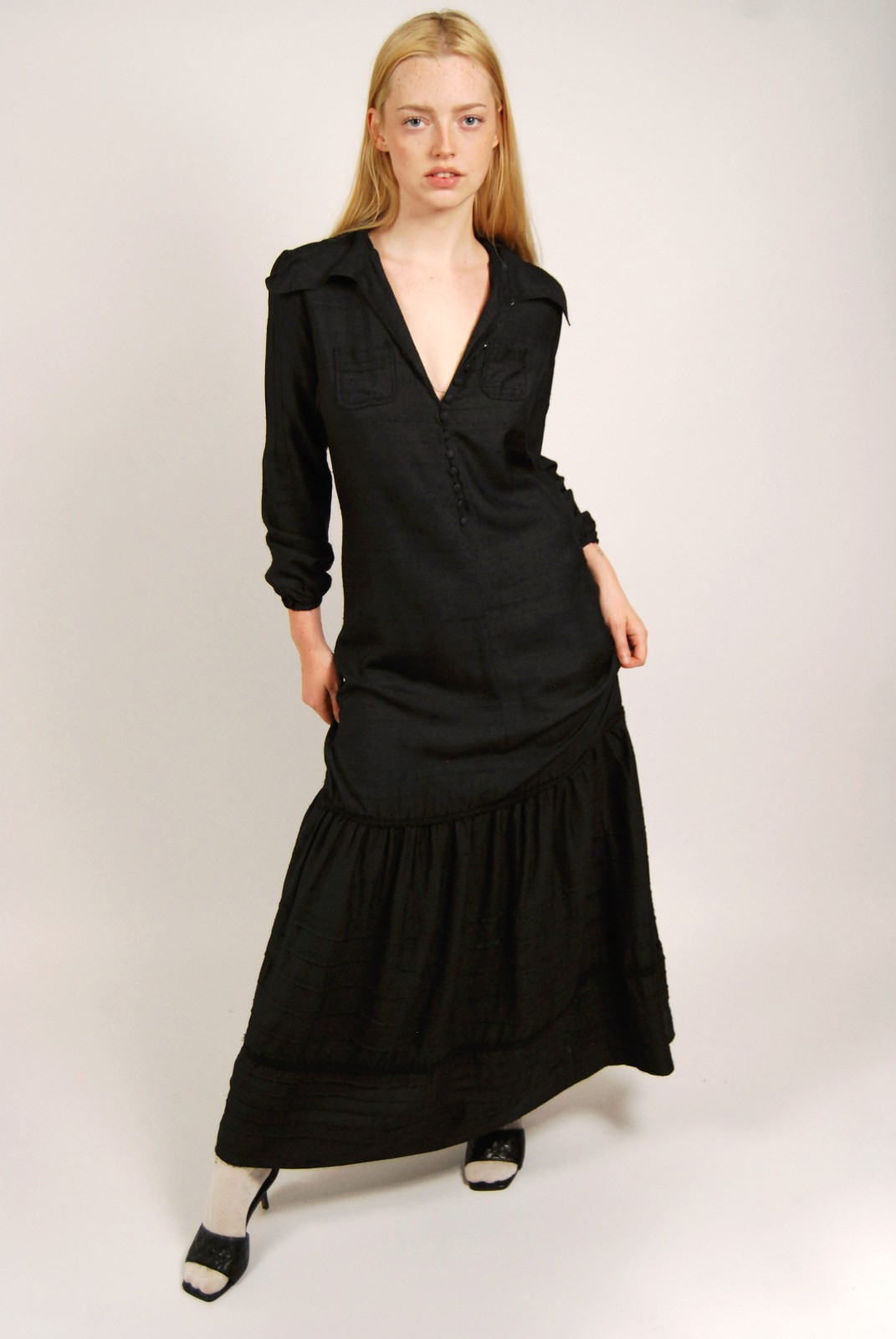 70s Button Up Dress (M) medium black vintage whimsygoth witchy peasant prairie