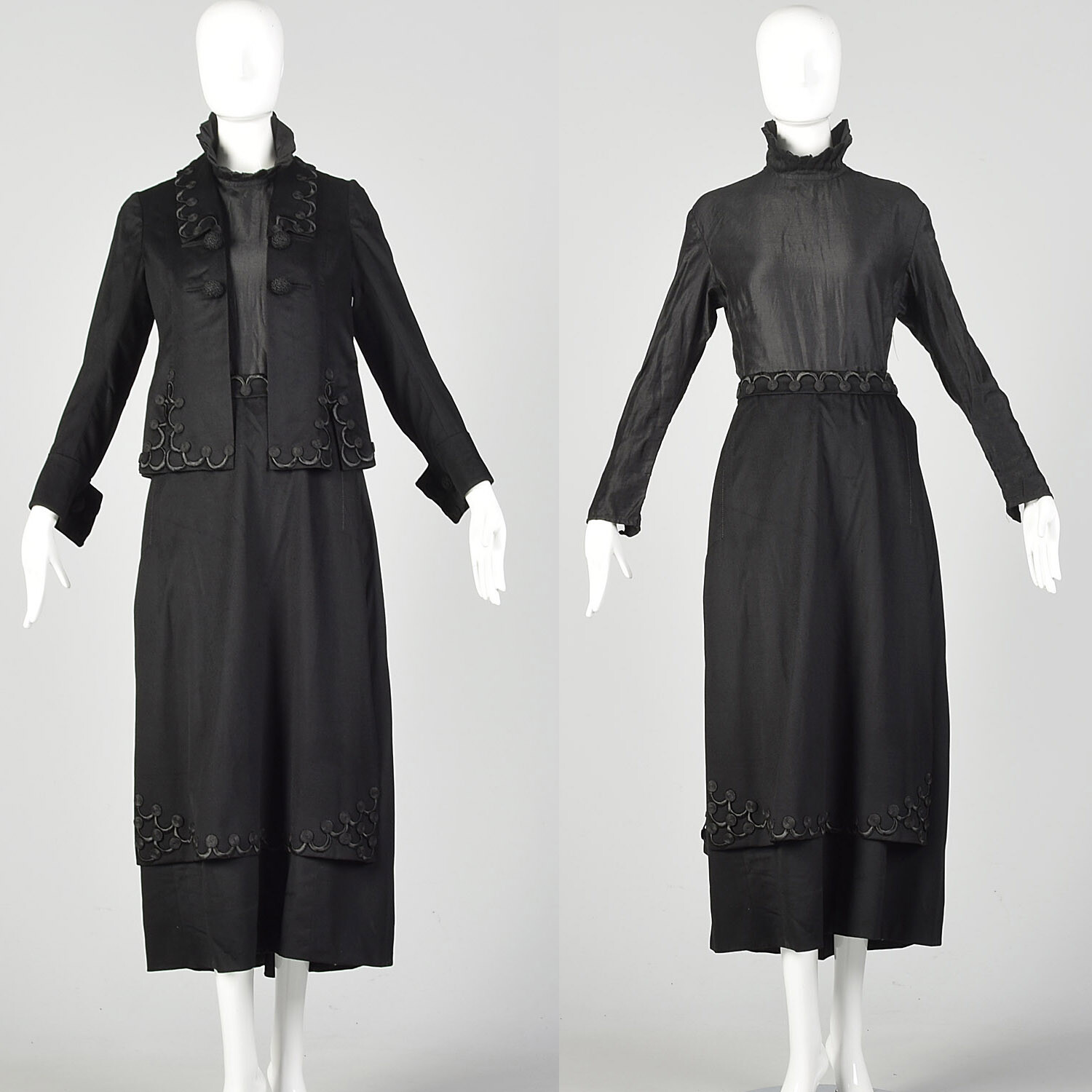 1910s Edwardian Walking Suit Black Wool Cotton Three Piece Ensemble Jacket VTG