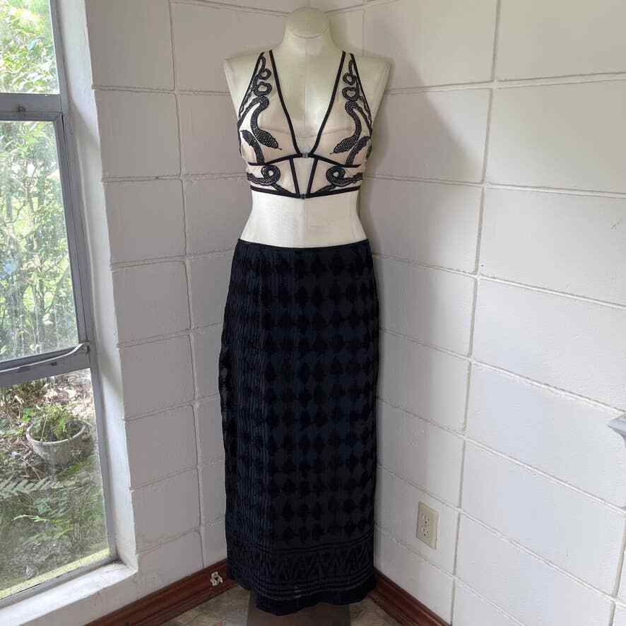 Vintage 90s Black Velvet Burnout Geometric Maxi Skirt Slit Sheer Another Thyme L