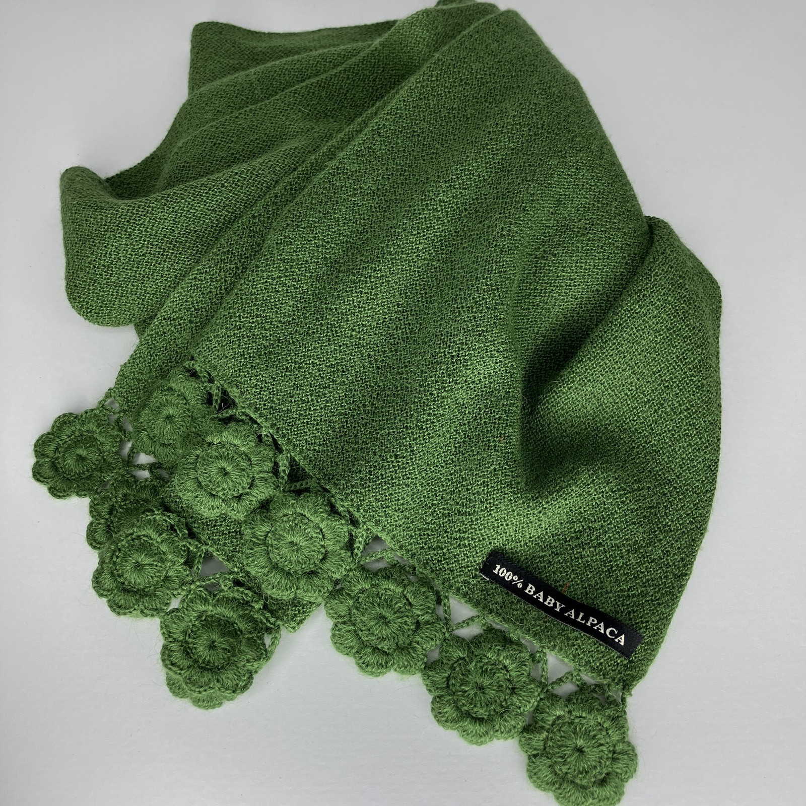 100% Baby Alpaca Scarf Shawl Wrap Emerald Green Crocheted Floral Trim Soft