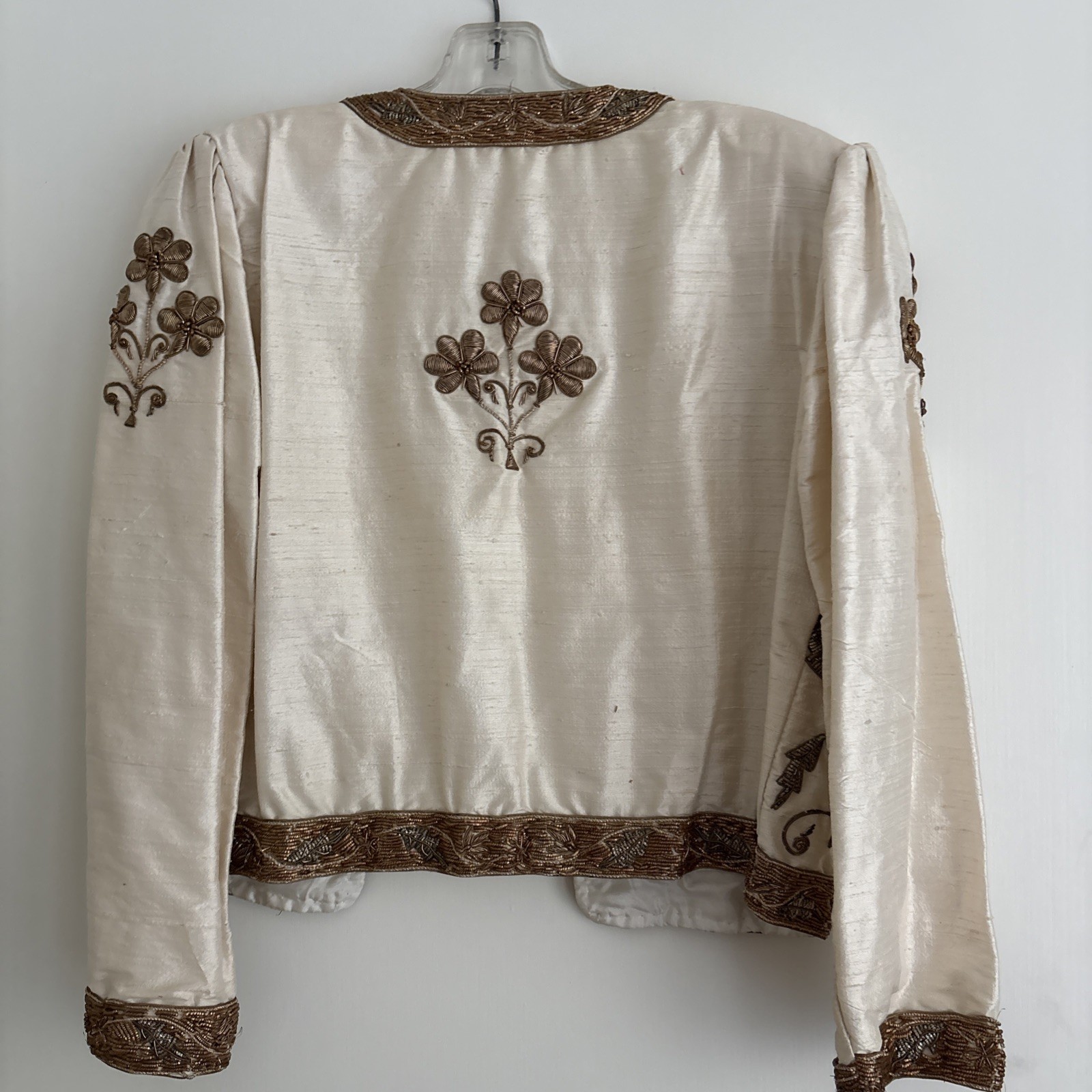 India Formal Beaded Evening Jacket Womens Small Silk Vintage Cream Gold 80s