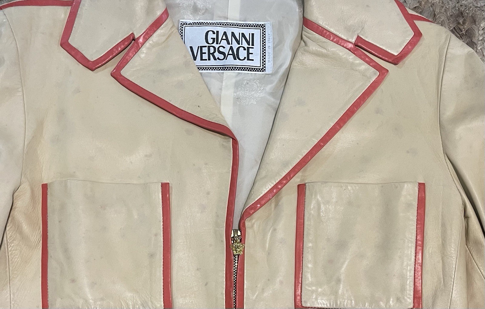 VTG Gianni Versace 2000 Leather Pant Suit 42 Nappa Lambskin Lion Zip Tan Orange
