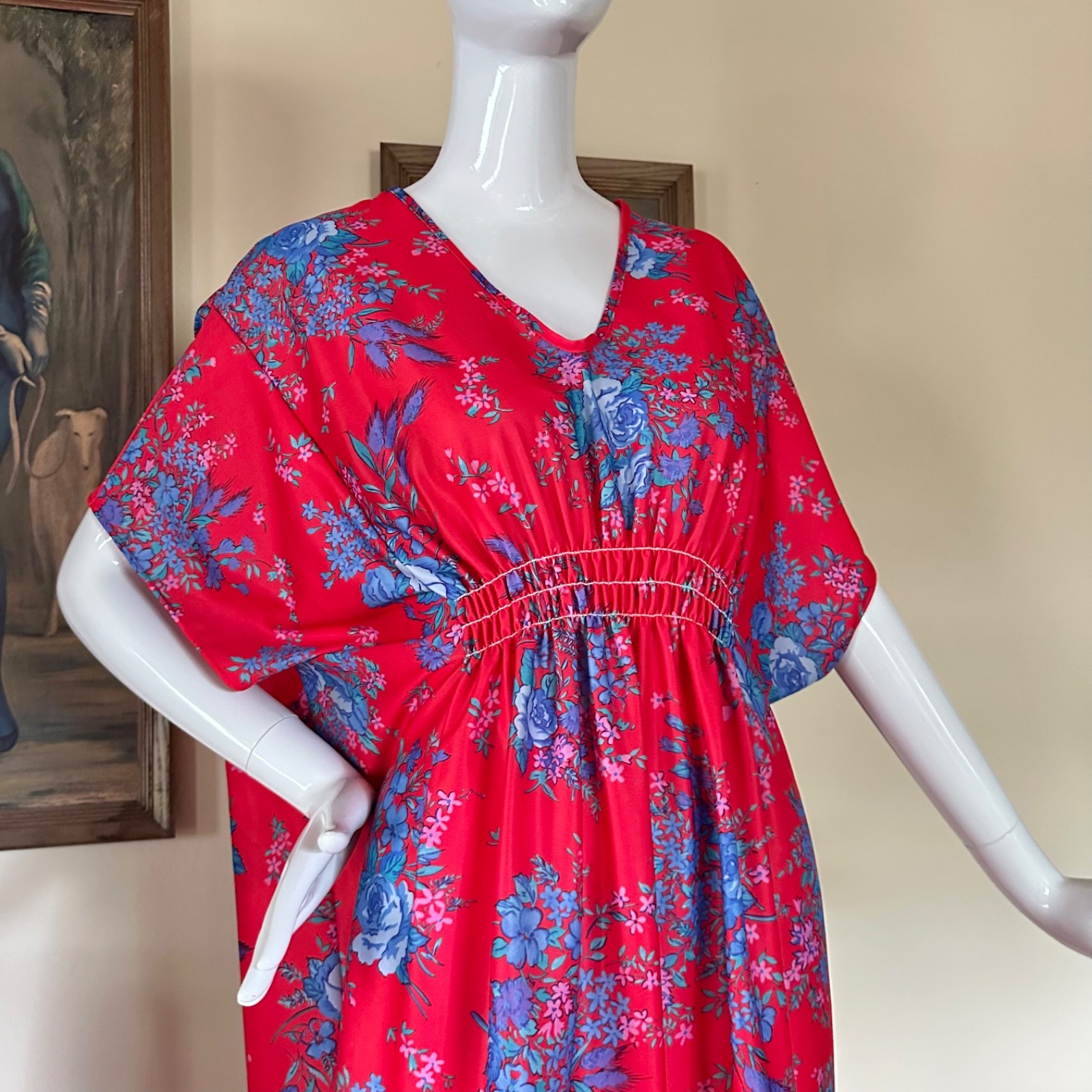 Vintage 1970s Mrs Roper Caftan Goddess Dress Red & Blue Hawaiian Floral M/L