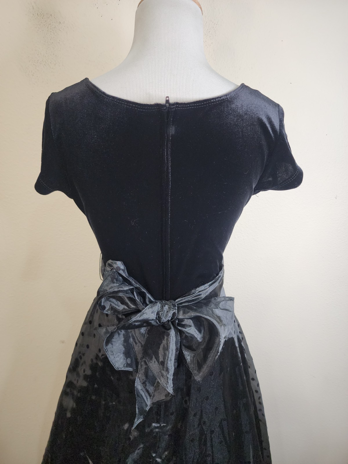 Vintage Velvet Organza Belted 5/6 Short Sleeve Polka Dot Whimsical Fairy Dress