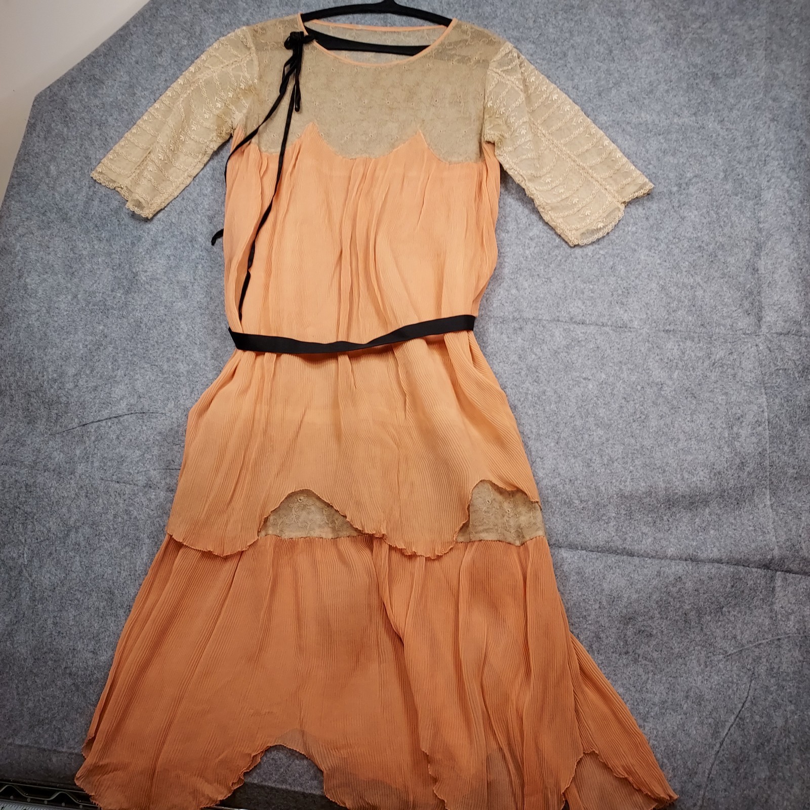 1910s Flapper Dress Lace Chiffon Authentic Peach Sash Titanic True Vintage