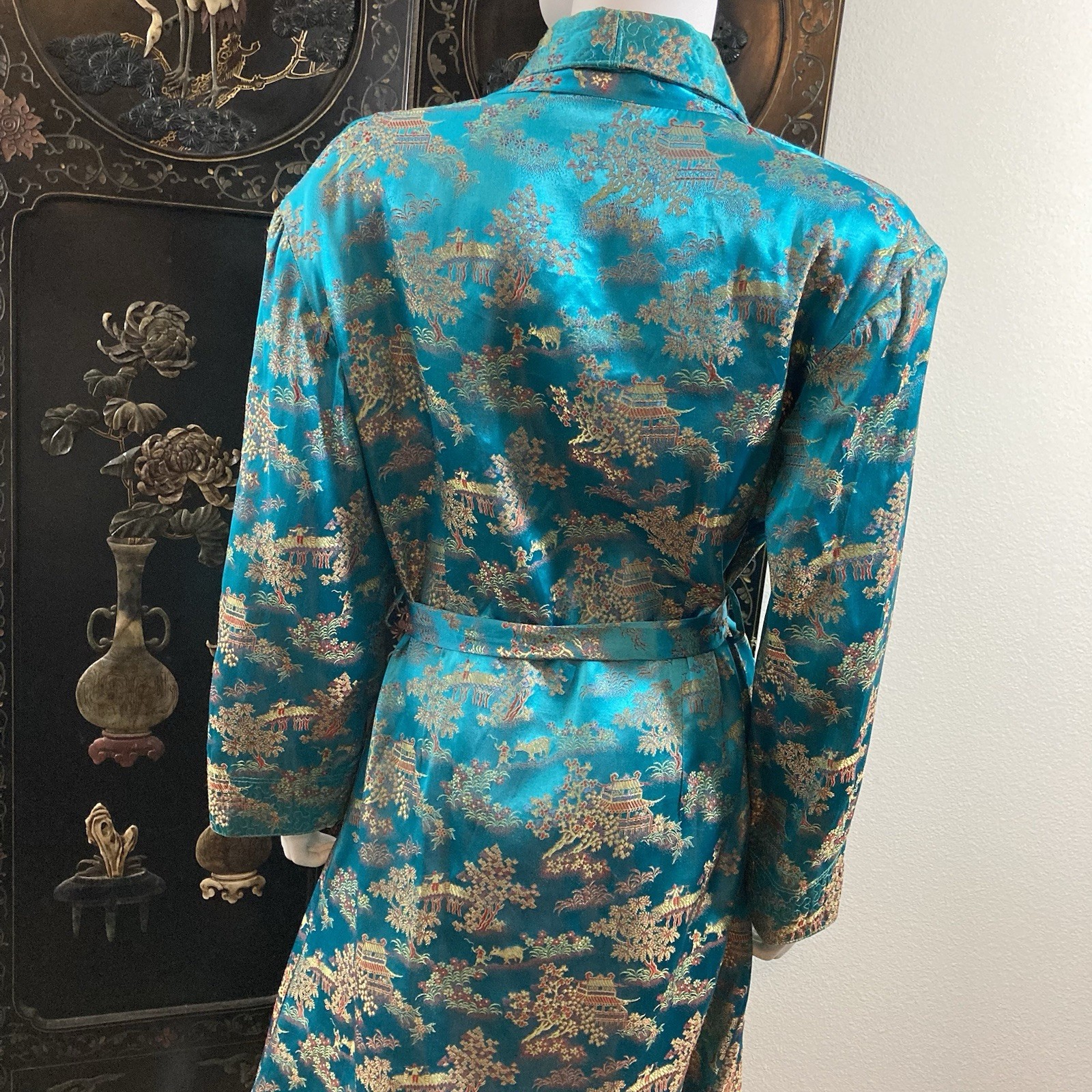 Vintage Blue Brocade Asian Robe, M. M. Comfort Wear, Made In Hong Kong