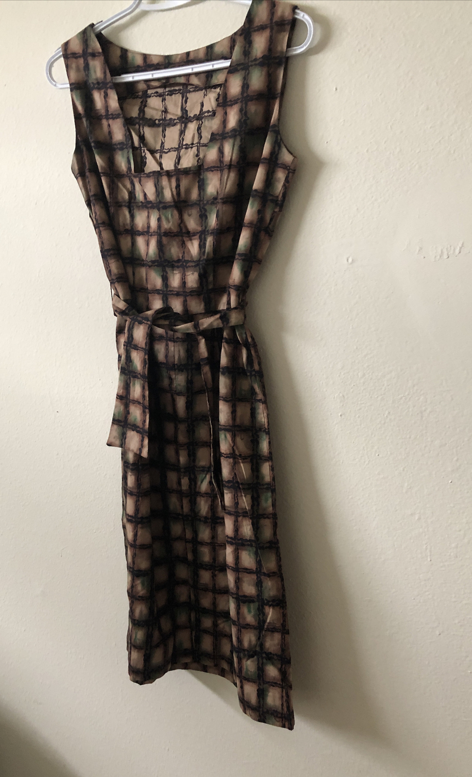 VTG 1950s 3pc Cotton Dress Set Brown Green Black Print Size S/M New Old Stock