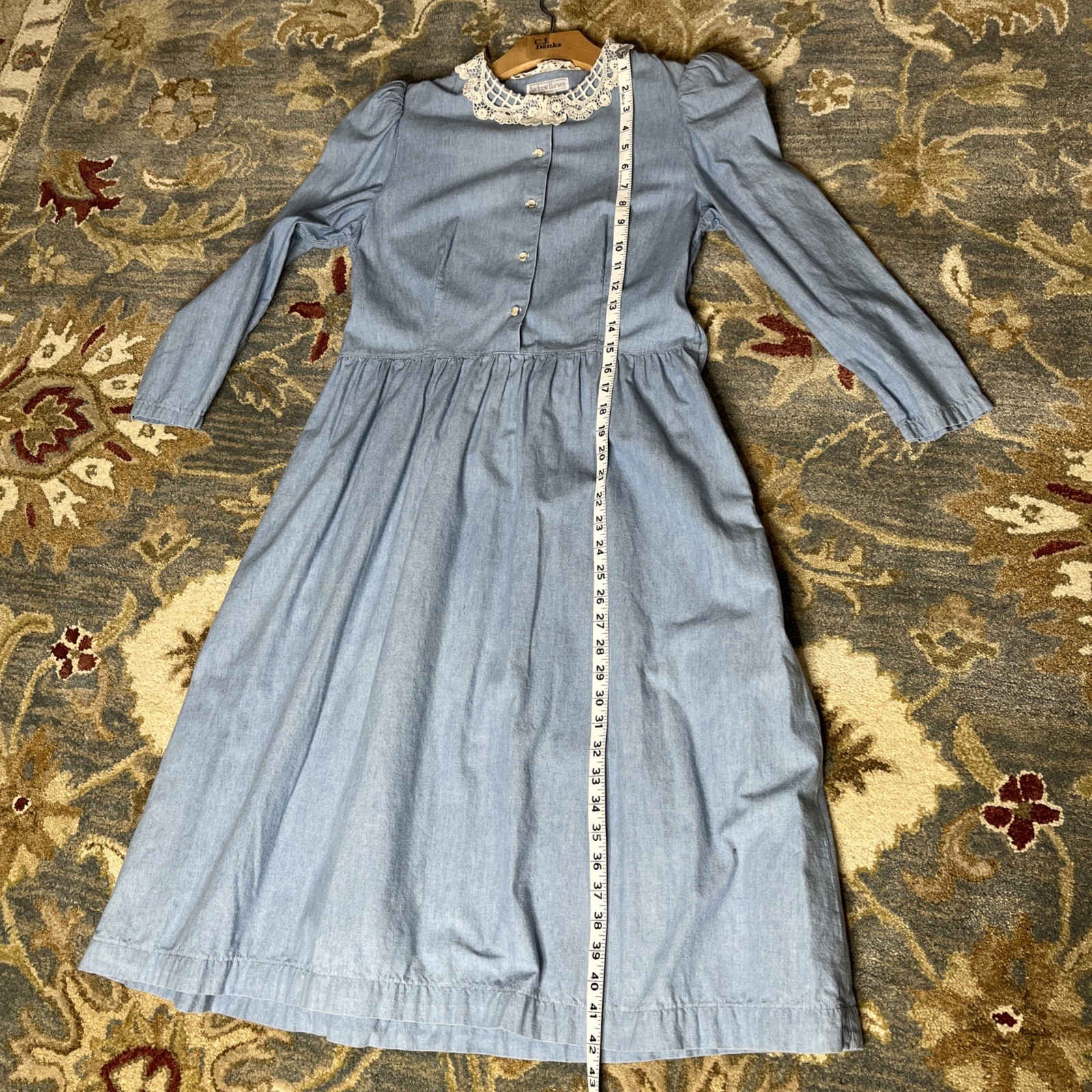 Vtg. Cottagecore Teacher Librarian Modest Dress w/Lace Collar Light Blue Sz 10