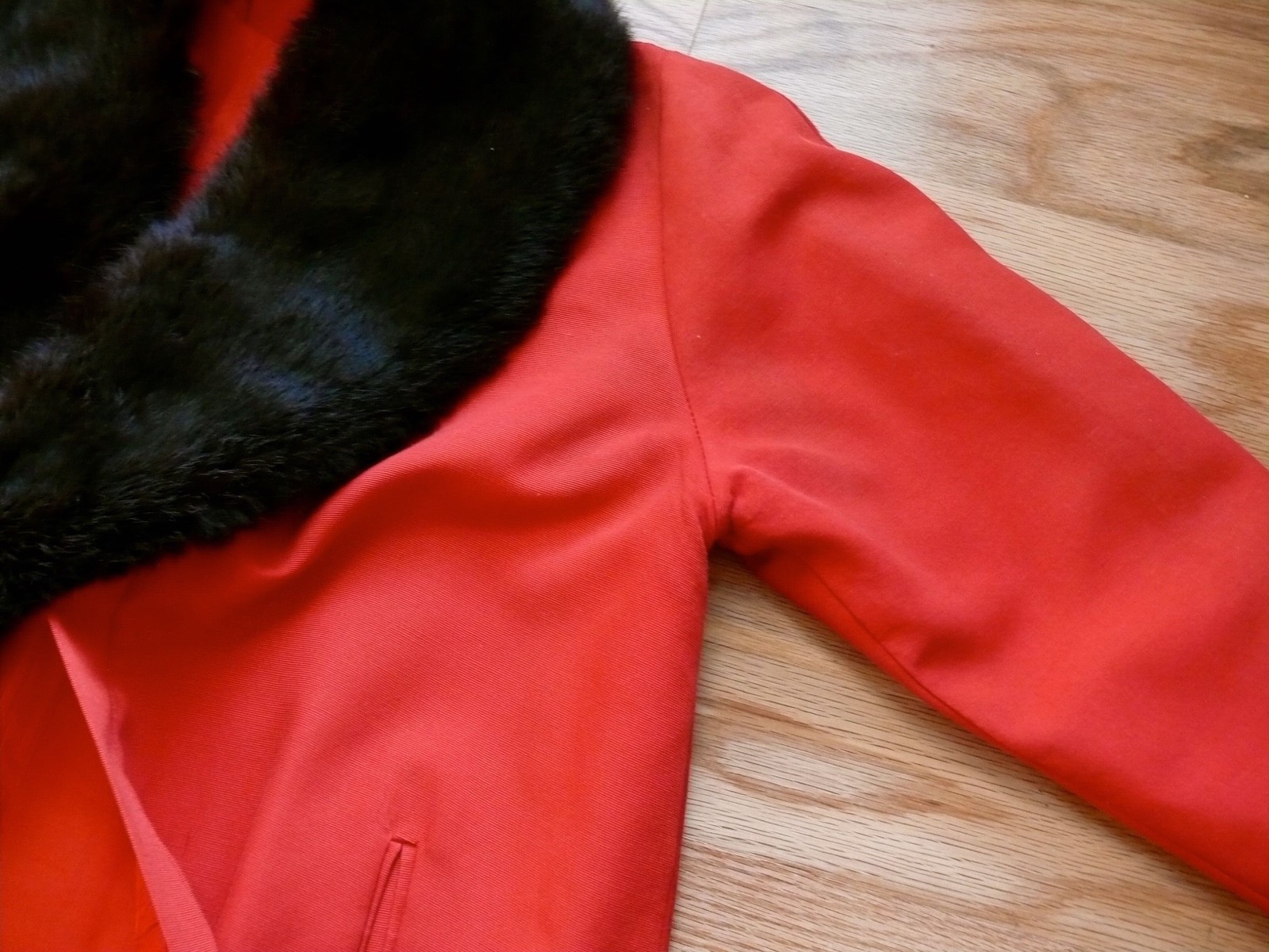 1950`s Red Faille` Silk & Rayon Blend Red Evening Coat with Black fur Collar