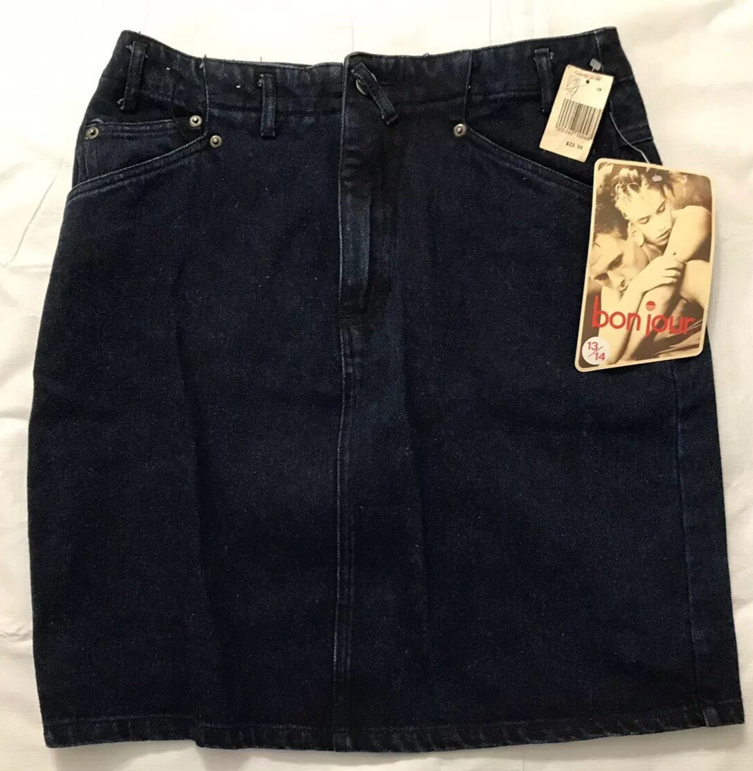 Vintage Bonjour Denim Skirt Size 13/14 W28 Dark Wash Blue Jean 5 Pocket 80&rsquo;s NWT