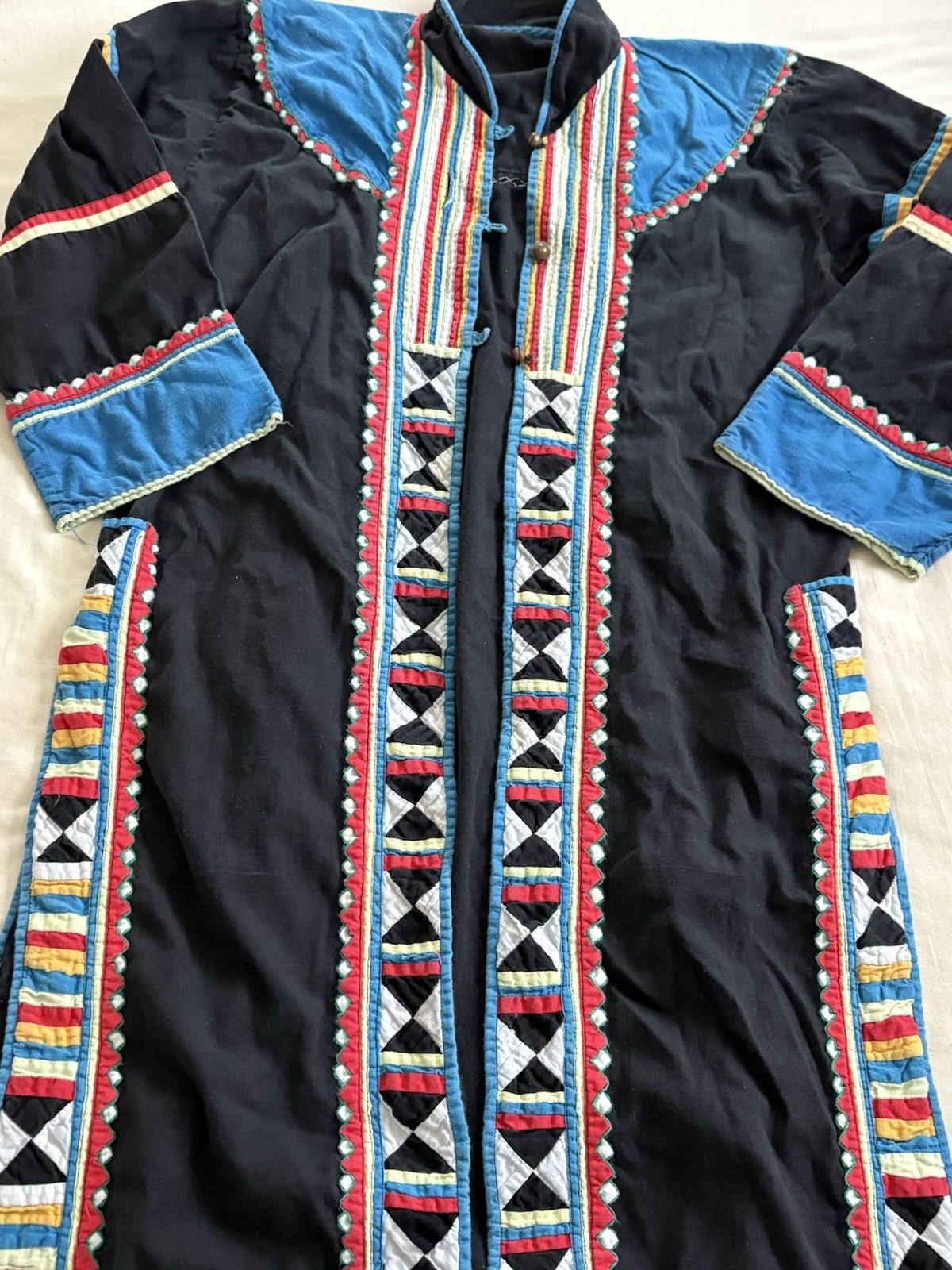 Vtg Thai Hill Tribe Jacket Geometric Patchwork Duster Coat Folk Art Kaftan Boho