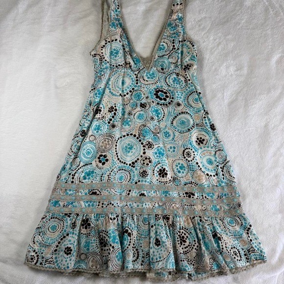 Free People teal polka dot graphic lace mini dress Y2K vintage fairy boho