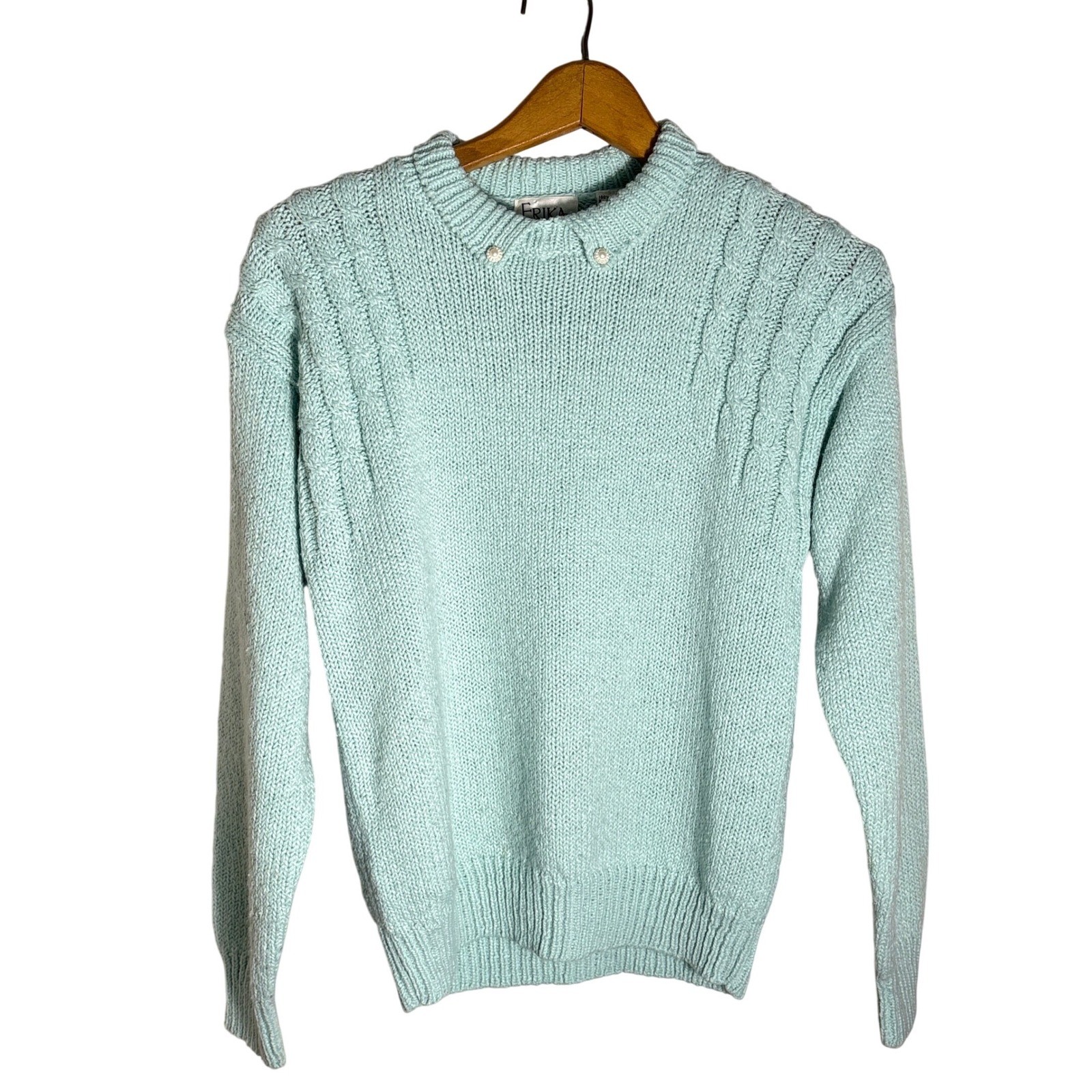 Vtg Mint Green Cable Knit Sweater Faux Pearl Peter Pan Collar Womens M Coquette