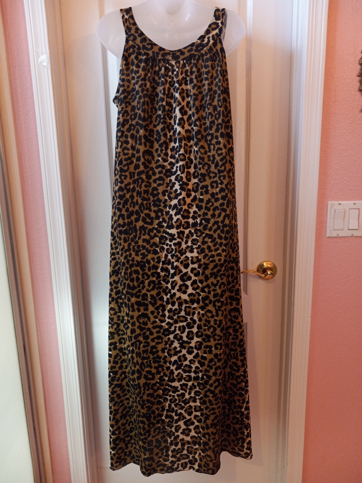 Vintage 60s Leopard Nylon High Collar Sleeveless Muumuu Nightgown Tiki Oasis L