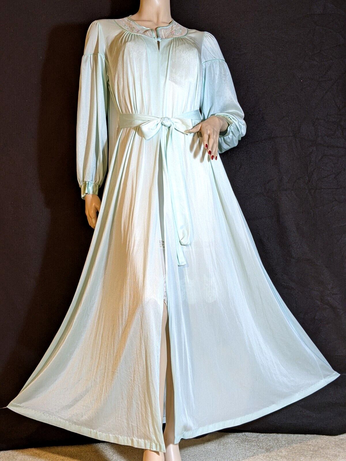 Vintage SEARS Shimmery Green Draped Back Dress Gown Peignoir Long Nylon Robe M