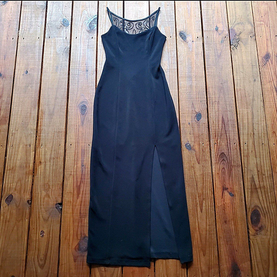 Vintage 90&rsquo;s size 3 / 4 black fitted mesh open low back front slit midi dress
