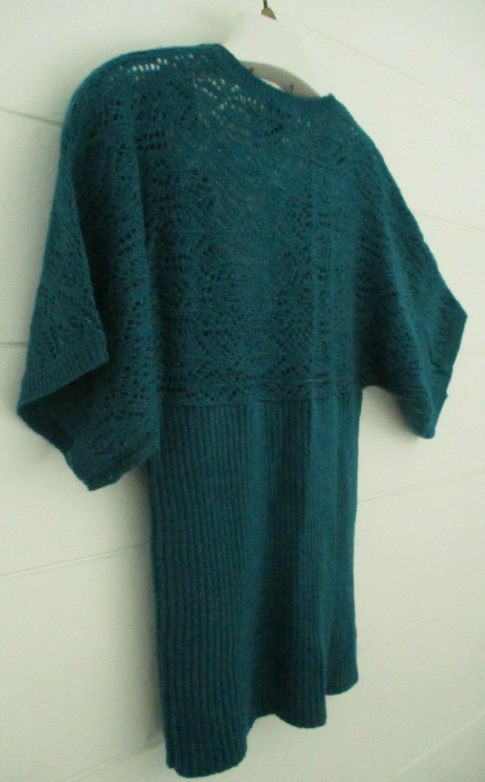 Vintage 1980&rsquo;s A.N.A open Lace Knit Sweater Women Teal Size L 3/4 Kimono Sleeve