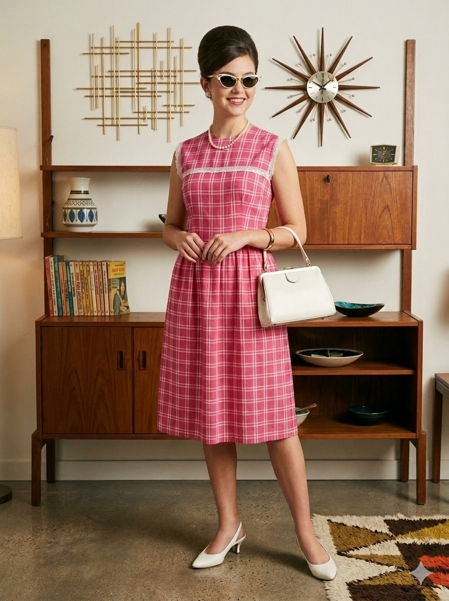 Vtg 60s Pink Plaid Dress Lace Trim Sleeveless Gingham Mod Cottagecore Rockabilly