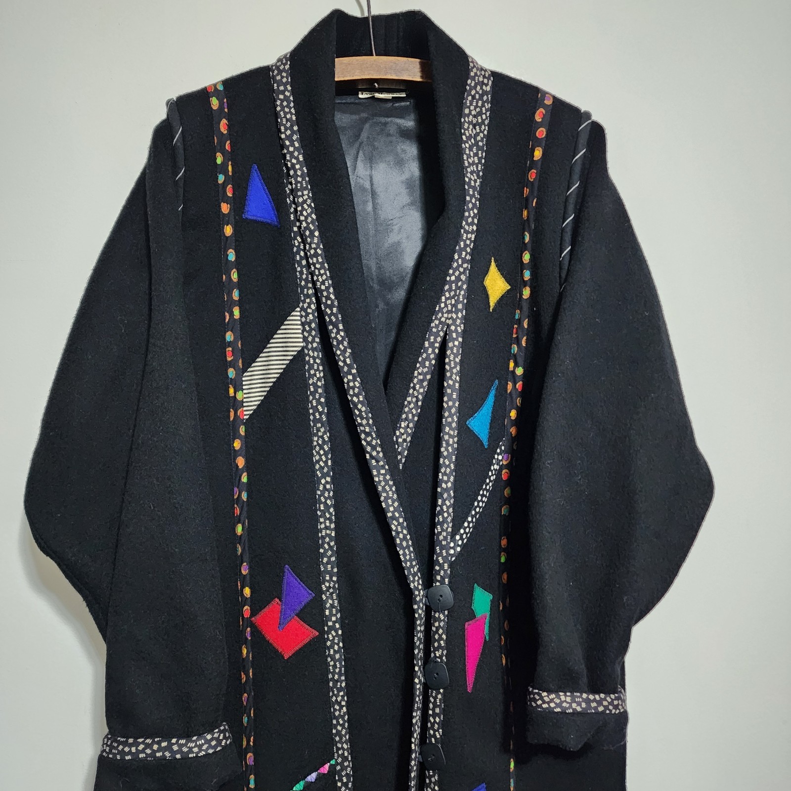 Vintage LYNN MURRAY Wearable Art Wool Coat Long Black Applique Geometric 80s 90s