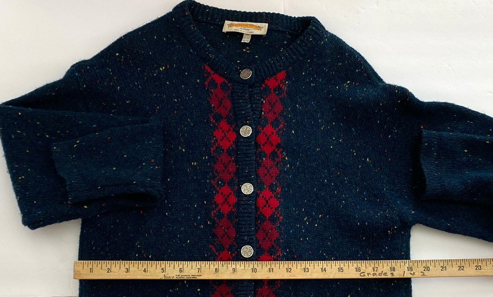 James Pringle Blue Red Argyle 7 Button Wool Cardigan 38/40 UK Celtic Knot 10/12