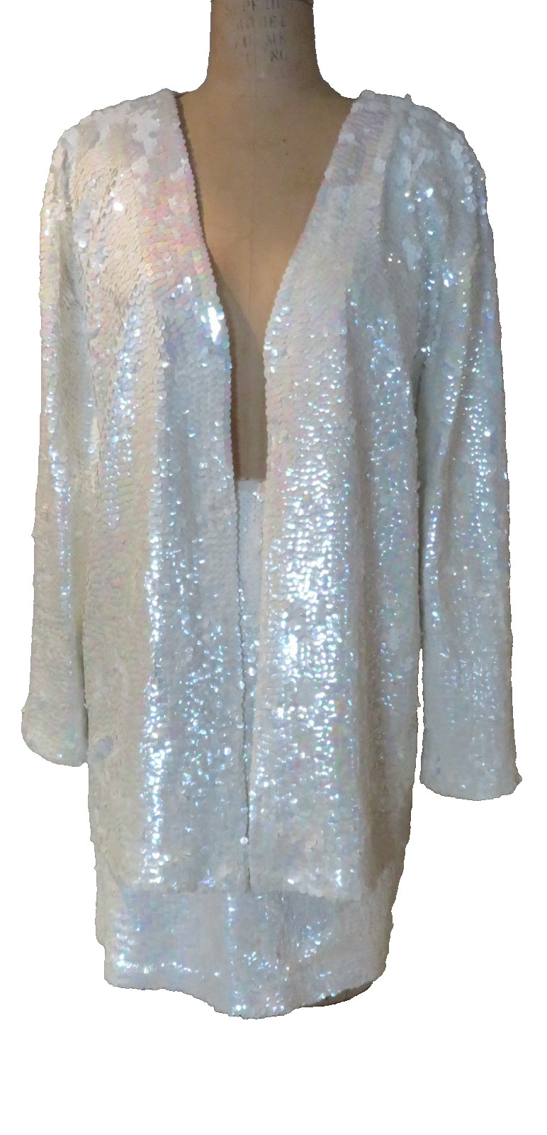 Ensemble Jacket-L Skirt-M White iridescent Sequined Entirely Brazil New Vtg