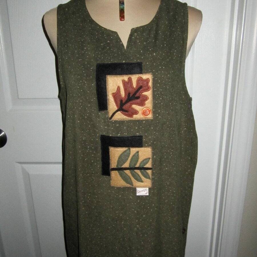 Vintage Beverly’s Olive Green Leaf Applique Maxi Dress 90s Cottagecore Artsy S