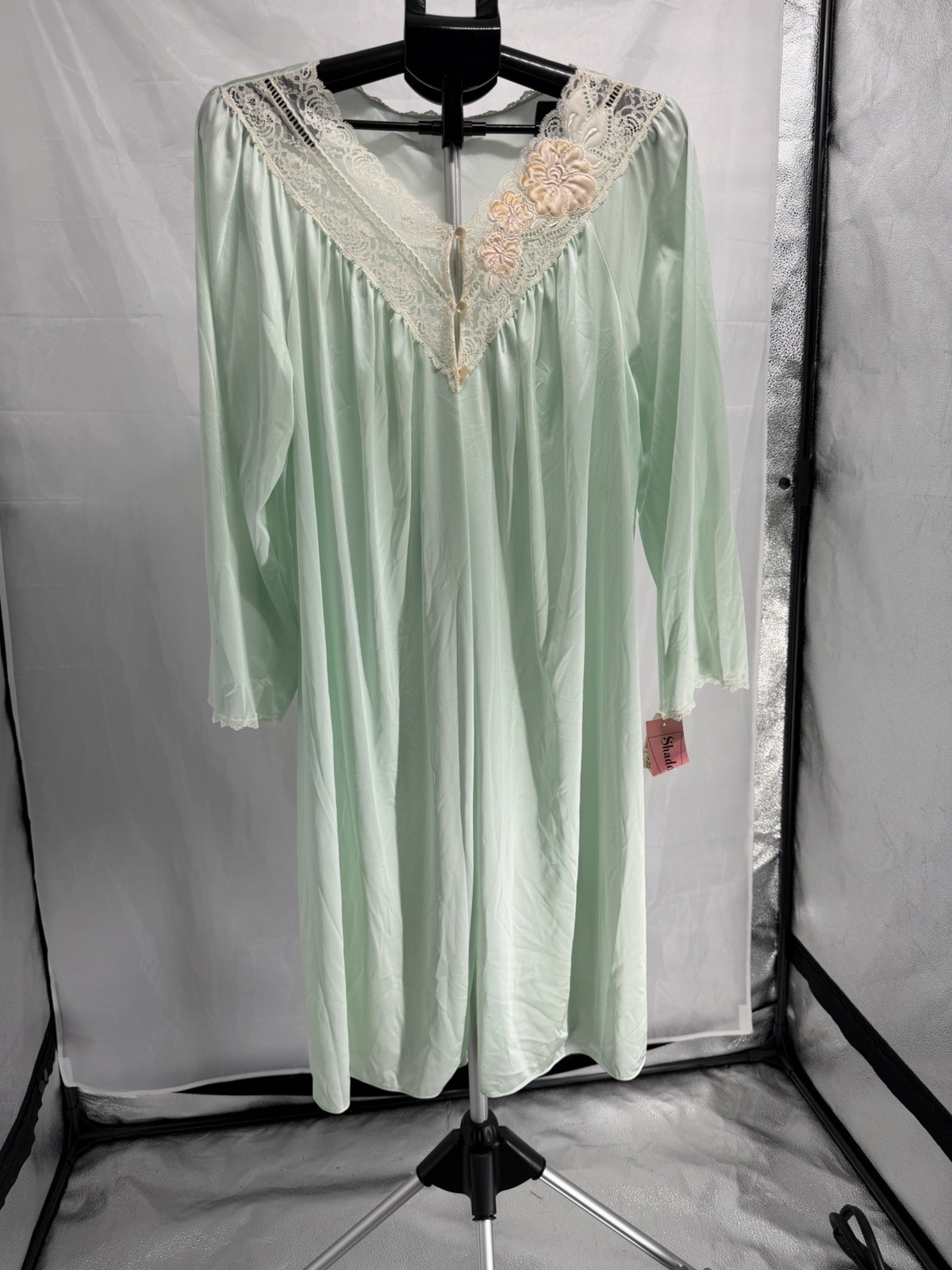 Vintage 70s Shadowline Aqua Mint Lace Robe Nightgown Size Large Sheer Dressing
