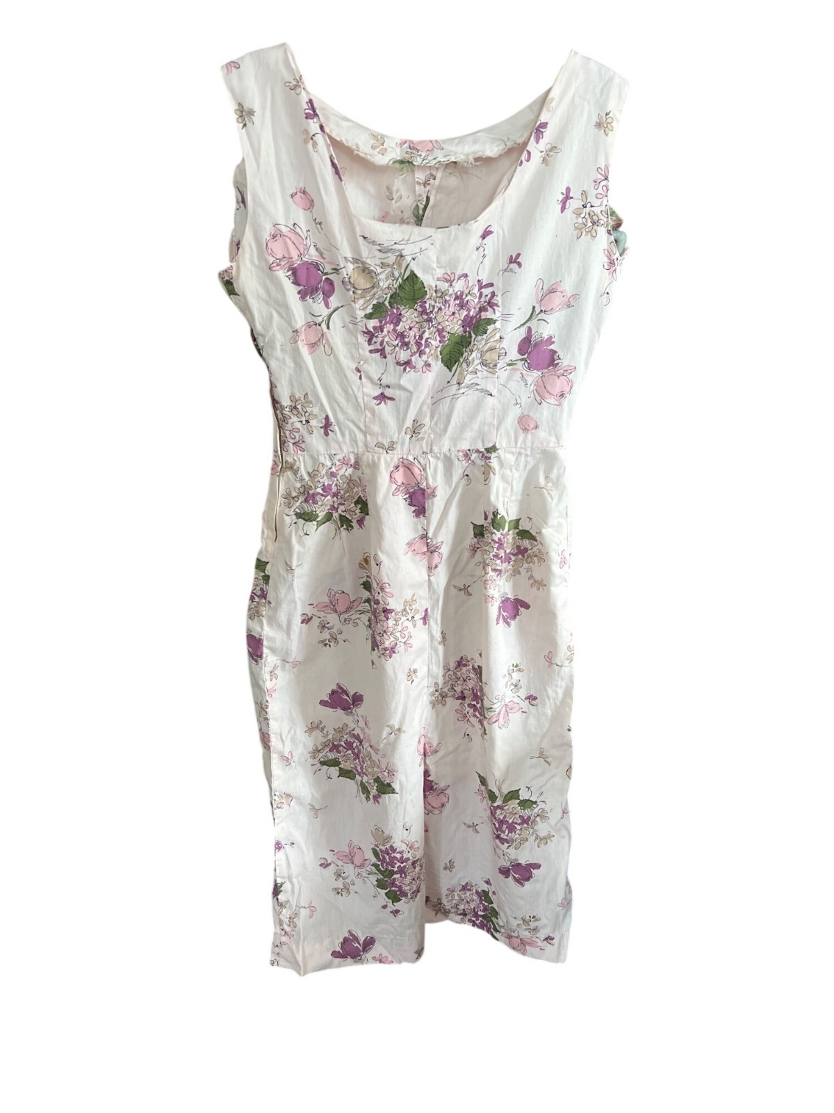 Vintage Floral Sleeveless Vintage White Cotton Dress With Purple & Pink Flower P