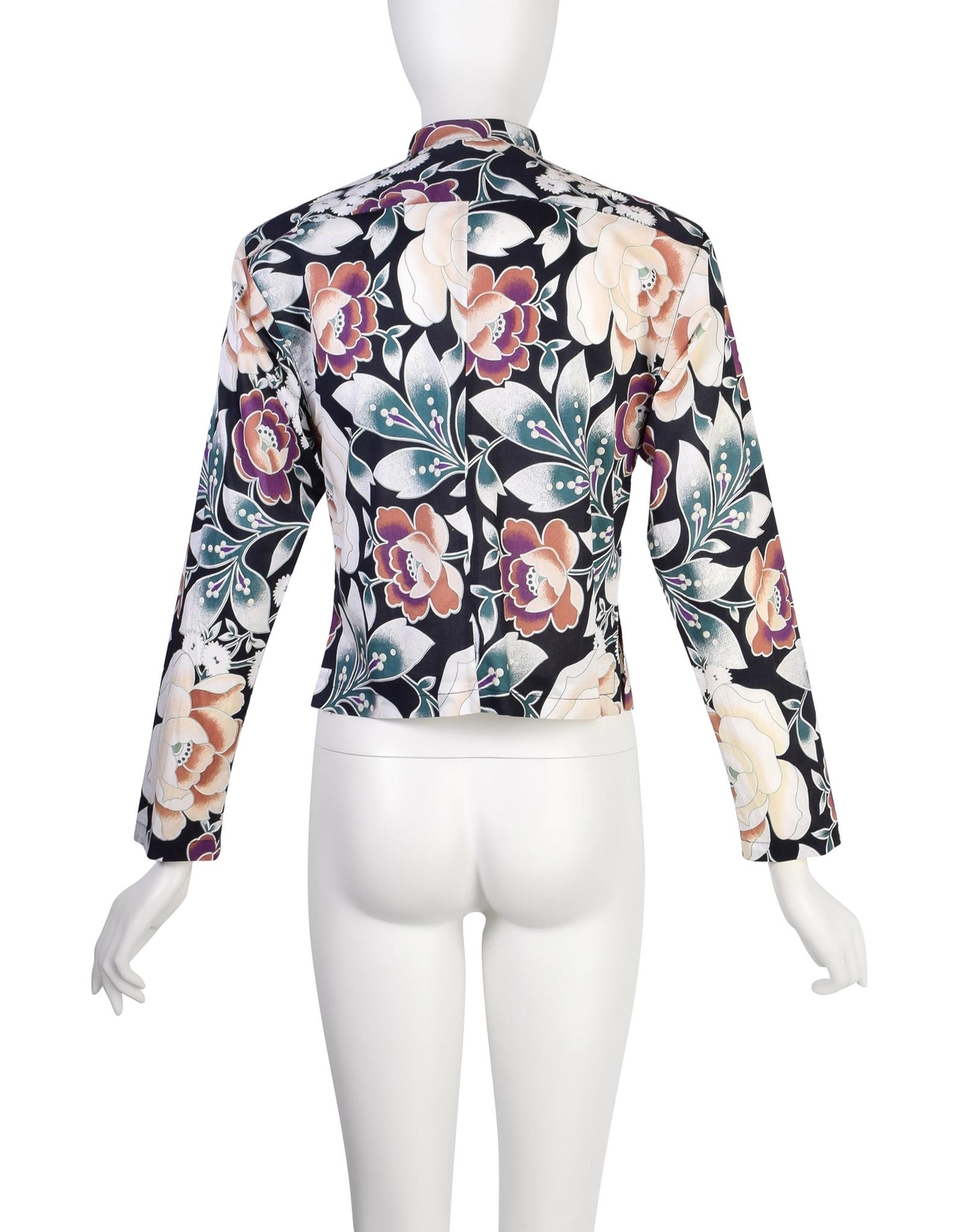 Kenzo Vintage 1980s Black Multicolor Floral Pleated Cotton Shirt