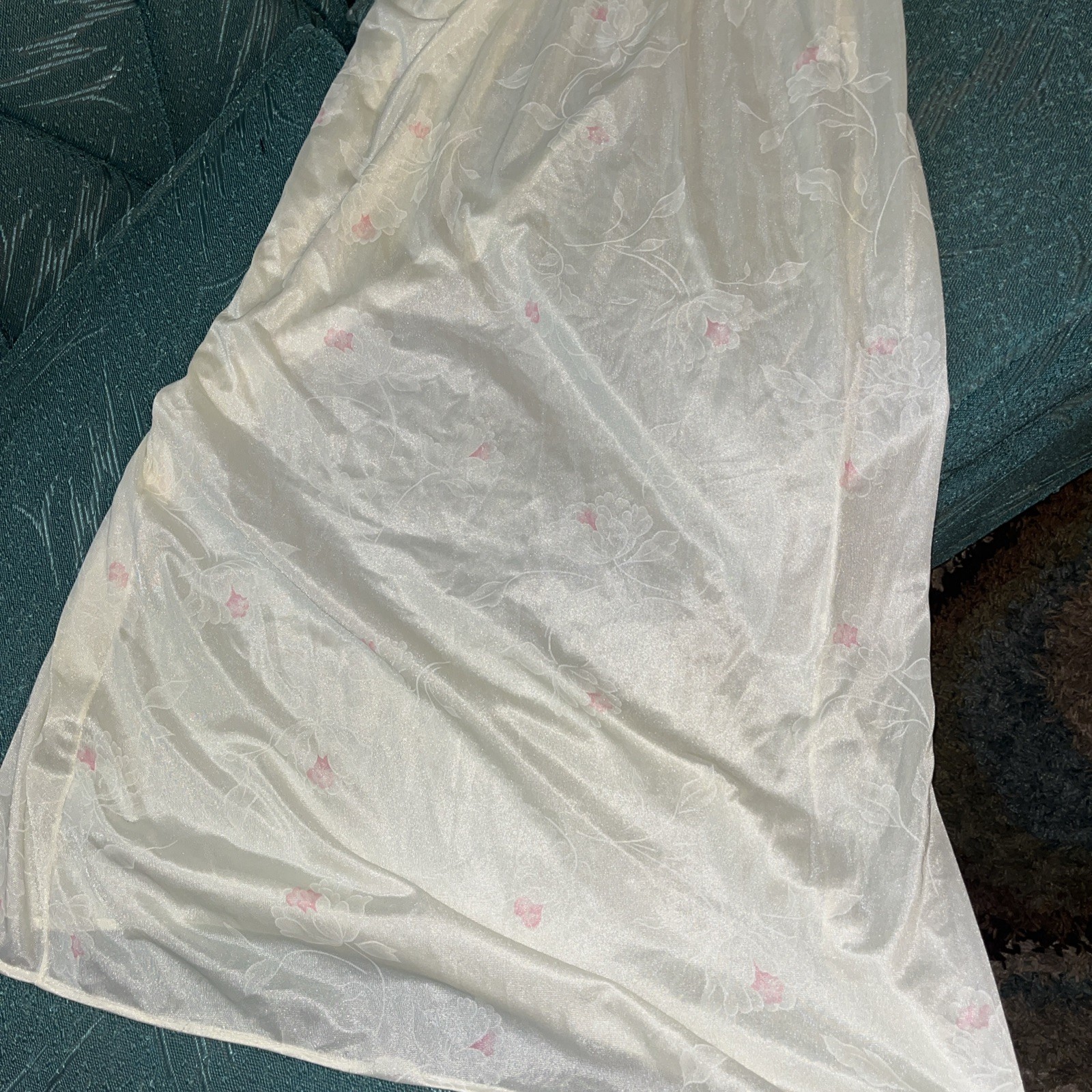 Vtg Val Mode Maxi Nightgown Medium Ivory Floral Pink Flowers Slip Chemise V Neck