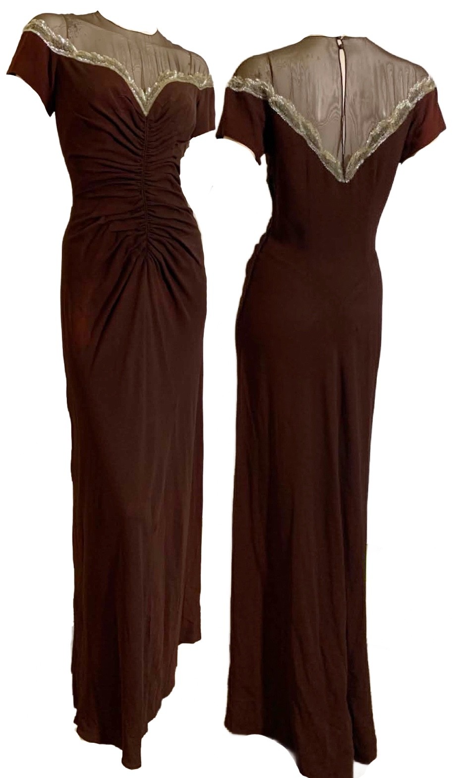 True Vintage 1940s Brown Crepe Rayon Ruched Dress with Beads and Sequins S