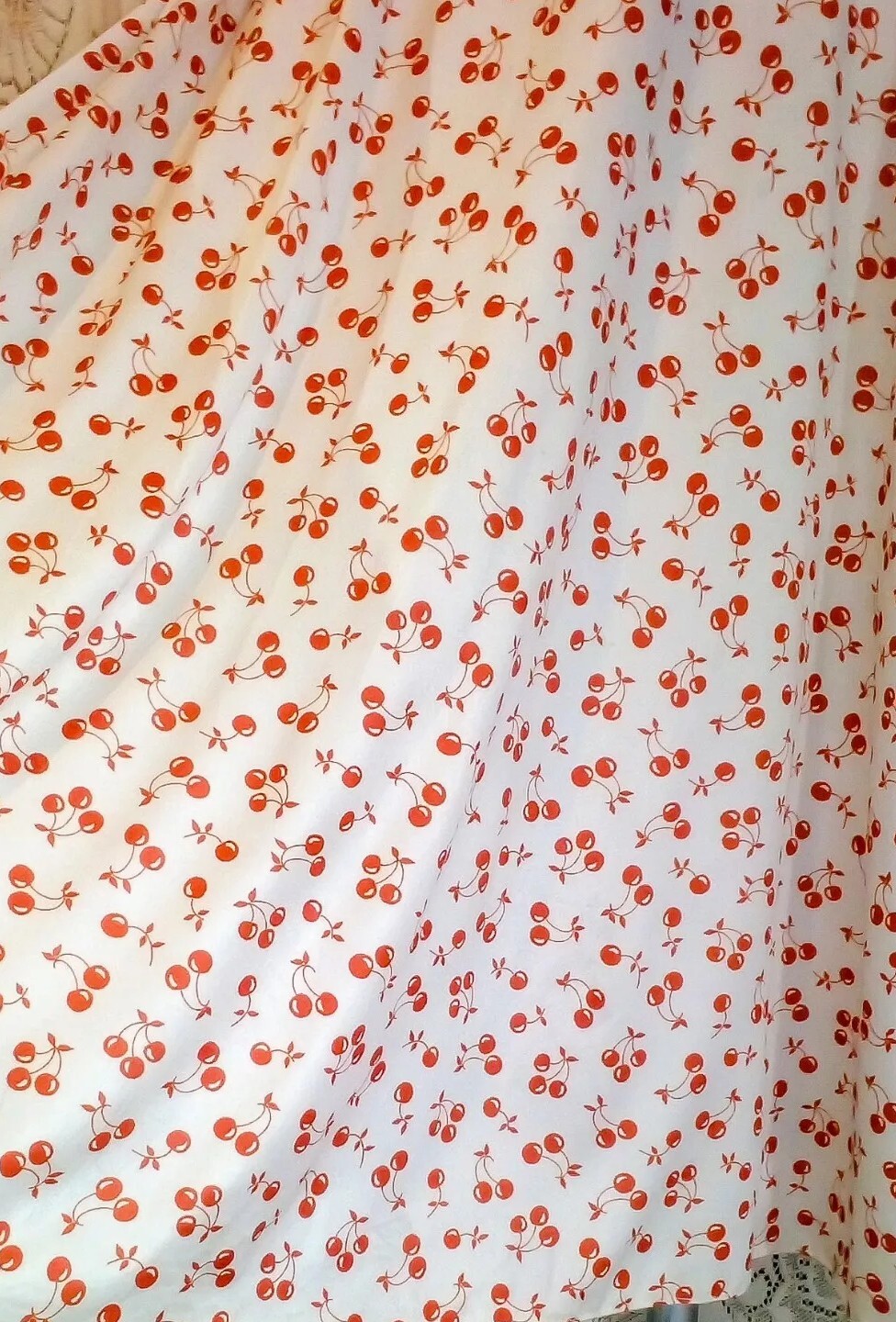 VTG 70s Novelty Cherries Print Midi Secretary Dress w Skinny Bow Elastic Waist M