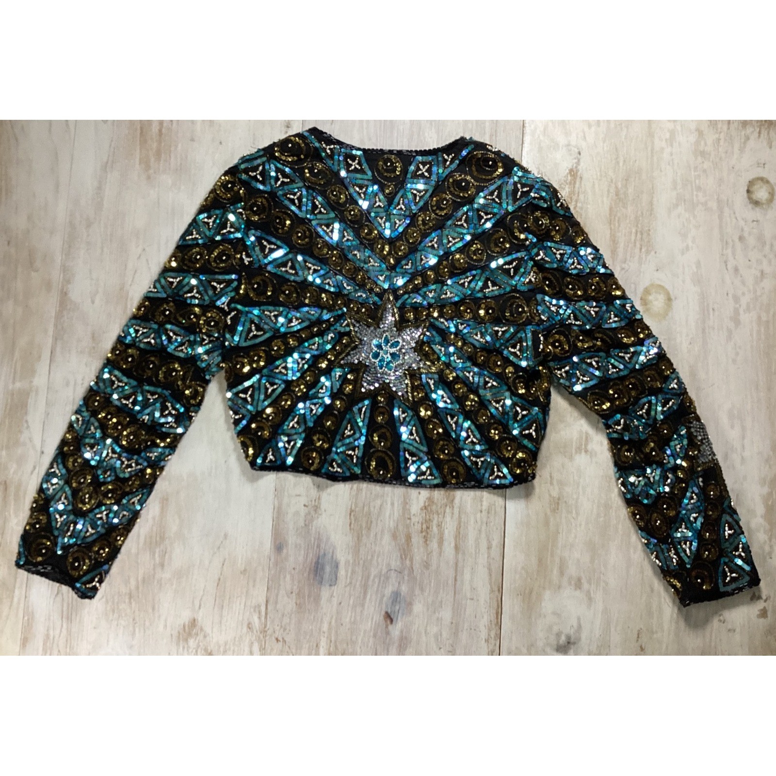 Scala Vintage Beaded Silk Bolero Jacket Gold Turquoise Sequin Starburst Medium