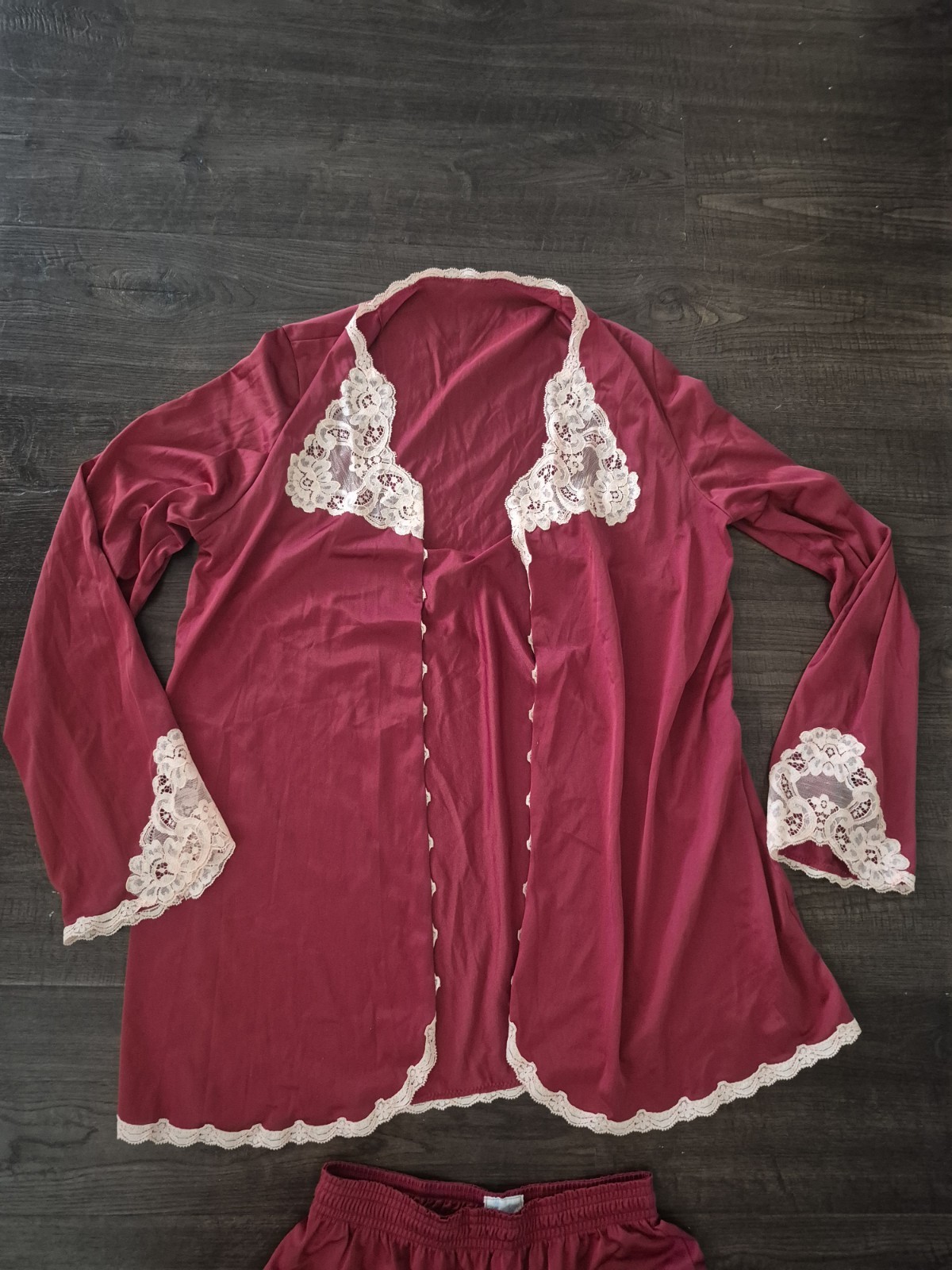 Vintage Vanity Fair Nylon Pajama Set in Burgundy and Beige with Lace Trim, 30