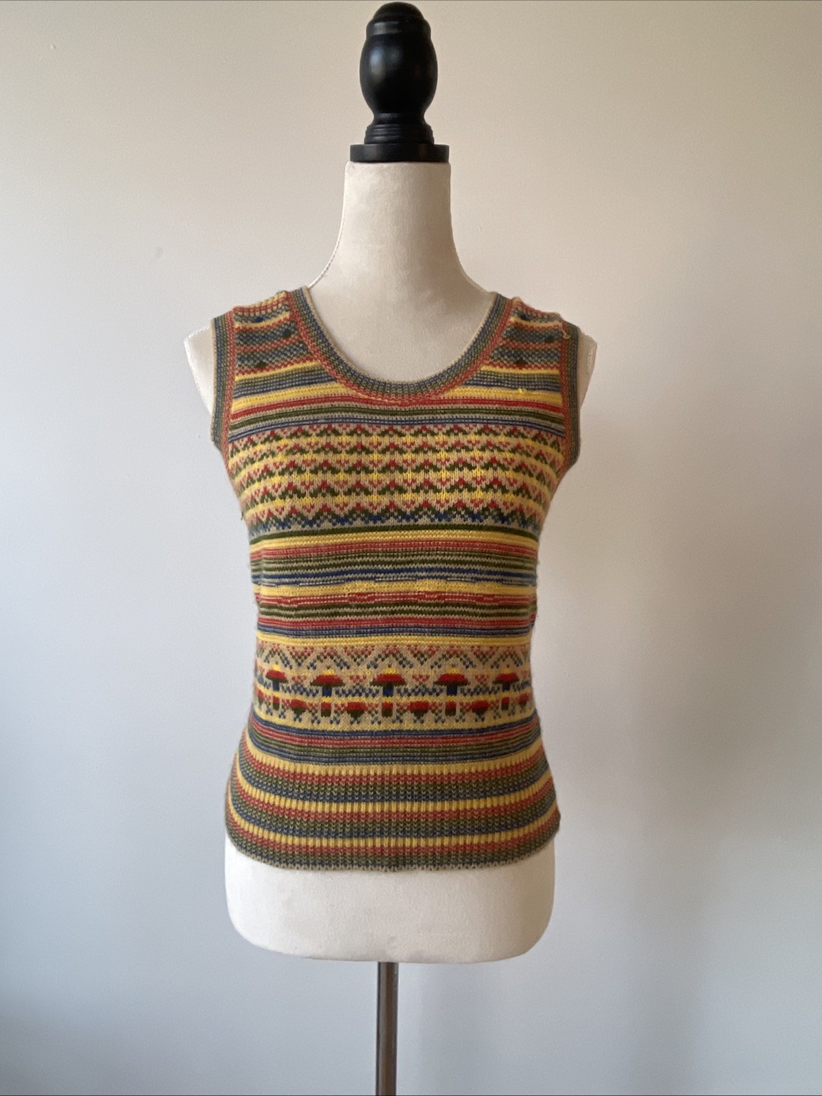 VTG Pandora Knit Yellow Red Blue Green Mushroom Sweater Vest Size S