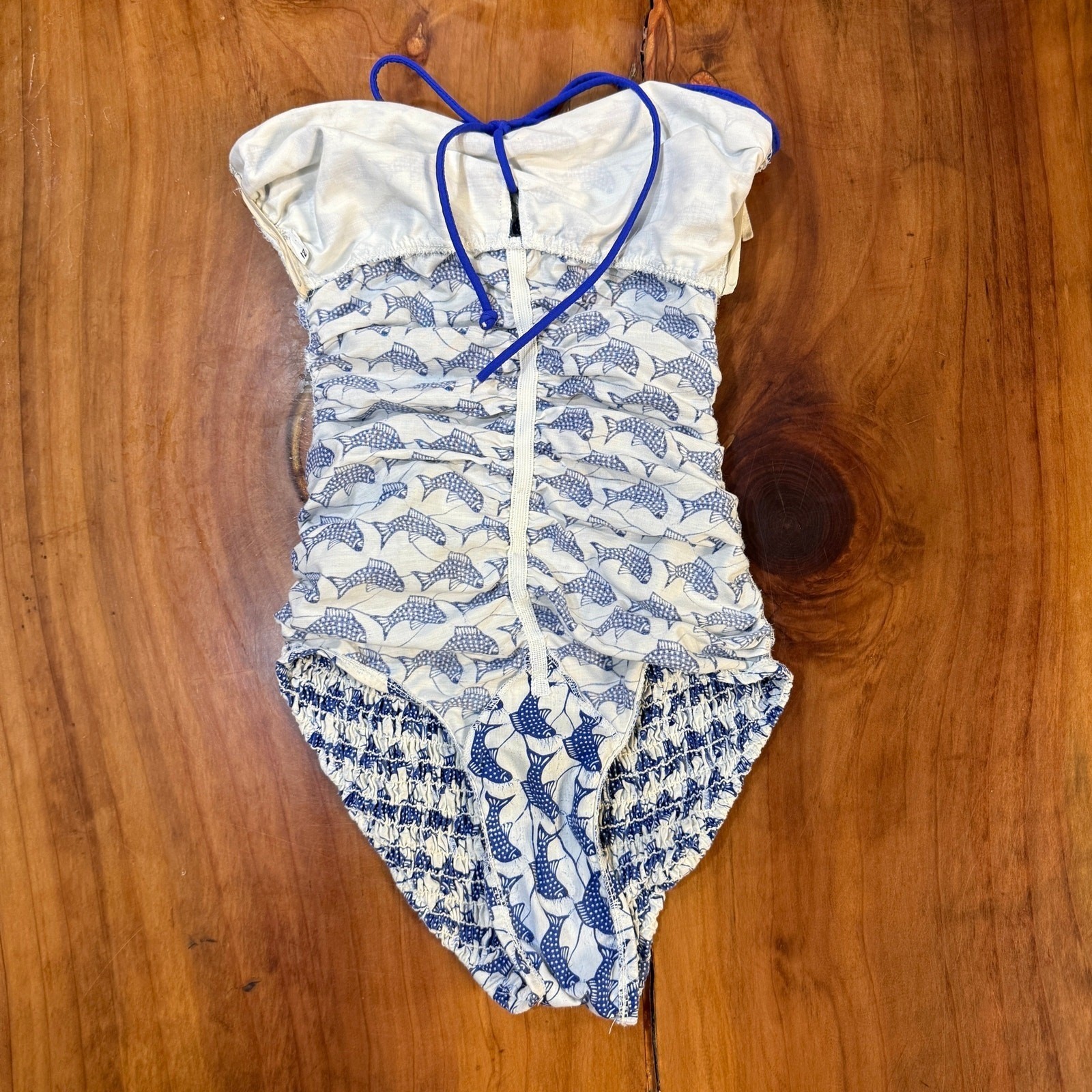 Vintage 60s 70s 1 Piece Swimsuit E-Stewart Beach Strapless Fish Cotton Ruched