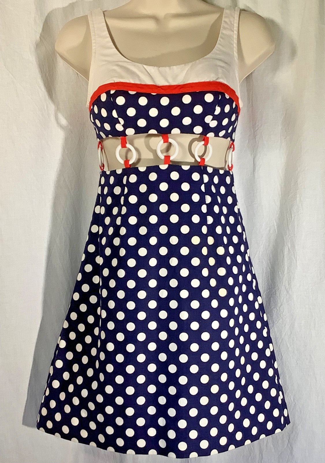 Vintage ring Mini Dress 5 beach party 60s polka dot Midriff red white blue XXS