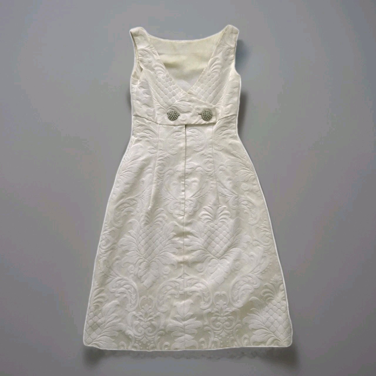 Vtg 60s Ivory Jacquard Mini Dress With Rhinestone Detail, XS, Party, Wedding