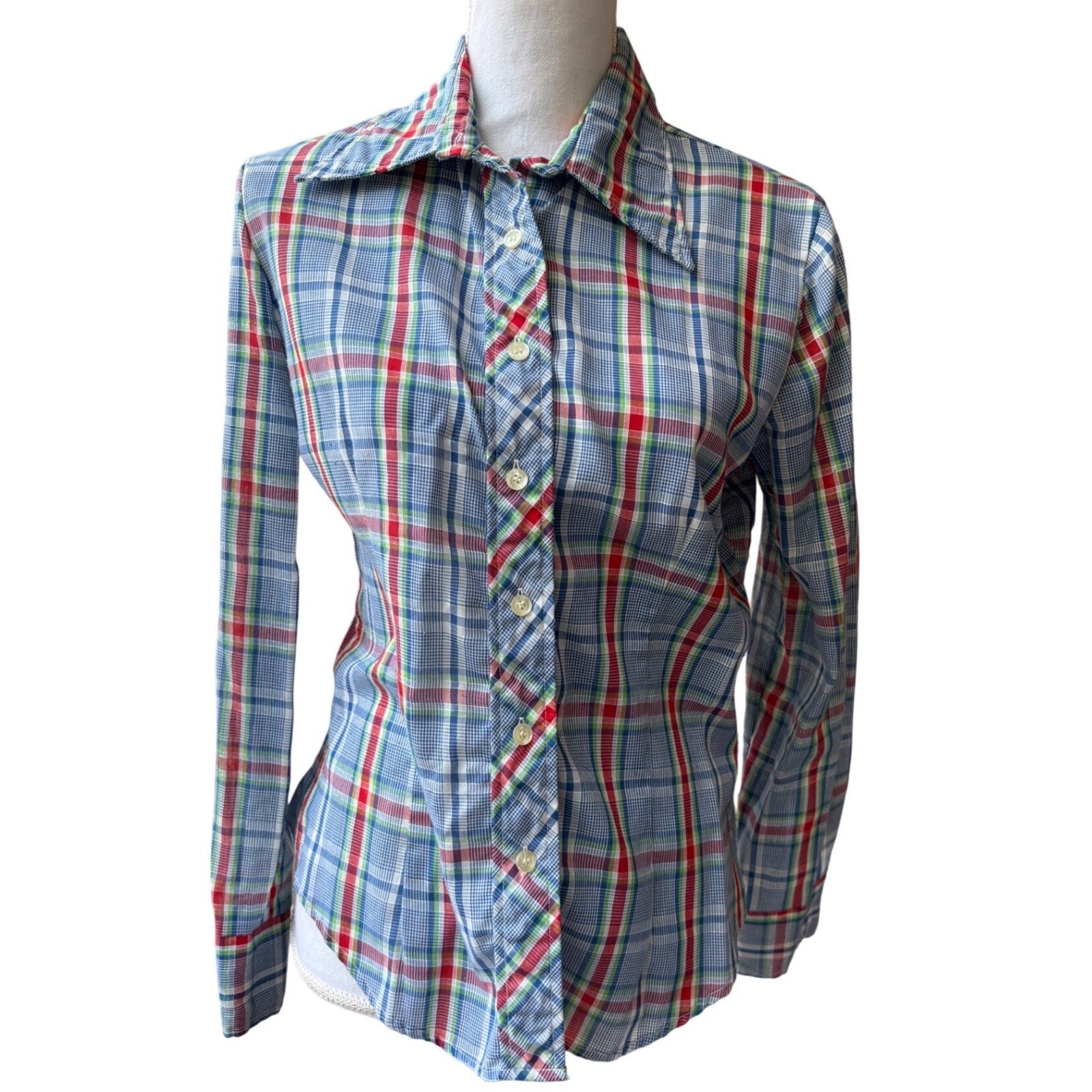 Vintage 70s California Blue Red Green Plaid Button Down Shirt Small