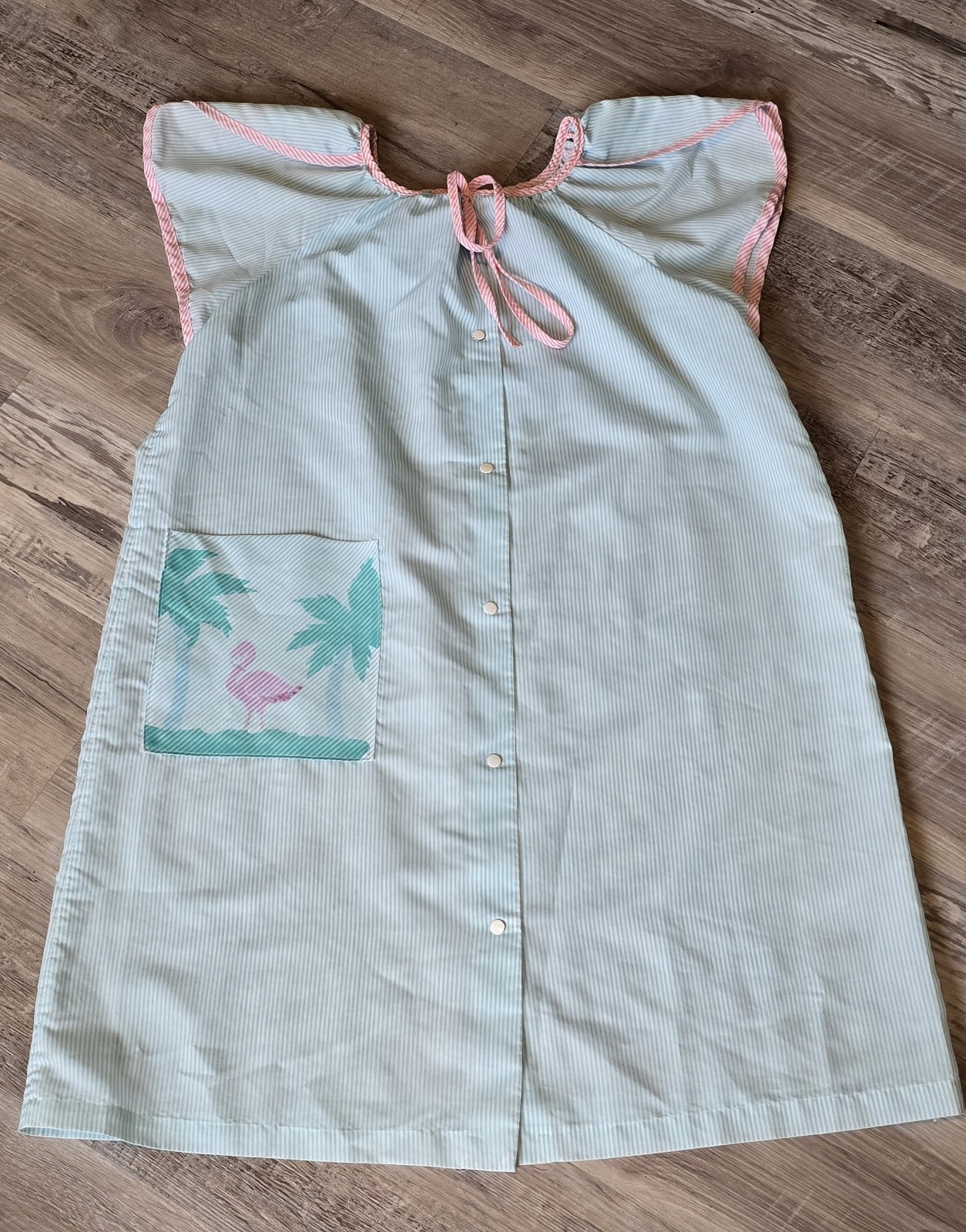 Vtg Nightgown Housecoat Work Shirt Flamingos Pink Teal Size 18W Snaps Ruffled