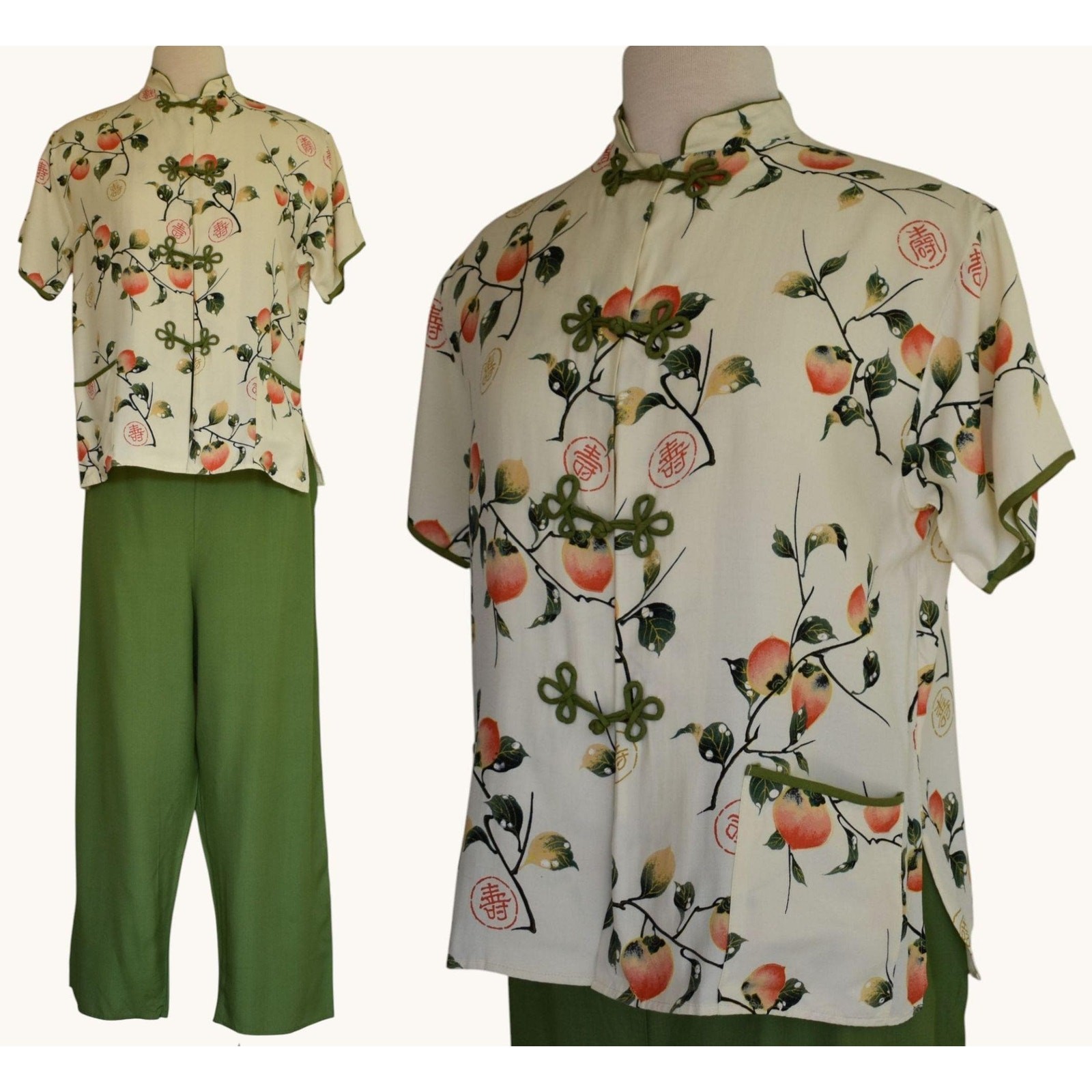 Vintage 50s Asian Blouse and Pants Set, High Waist Pants Suit, Peach Print, M