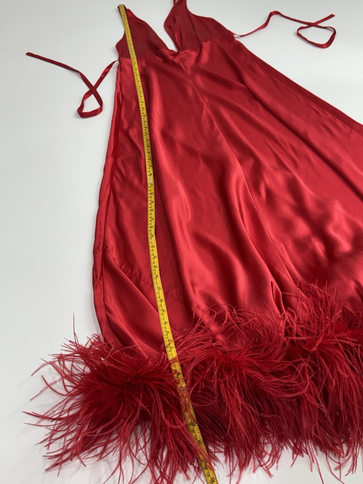 Vtg Jacalyn Bennett Fredericks Silky Red Satin Boudoir Gown Feather Trim S/M