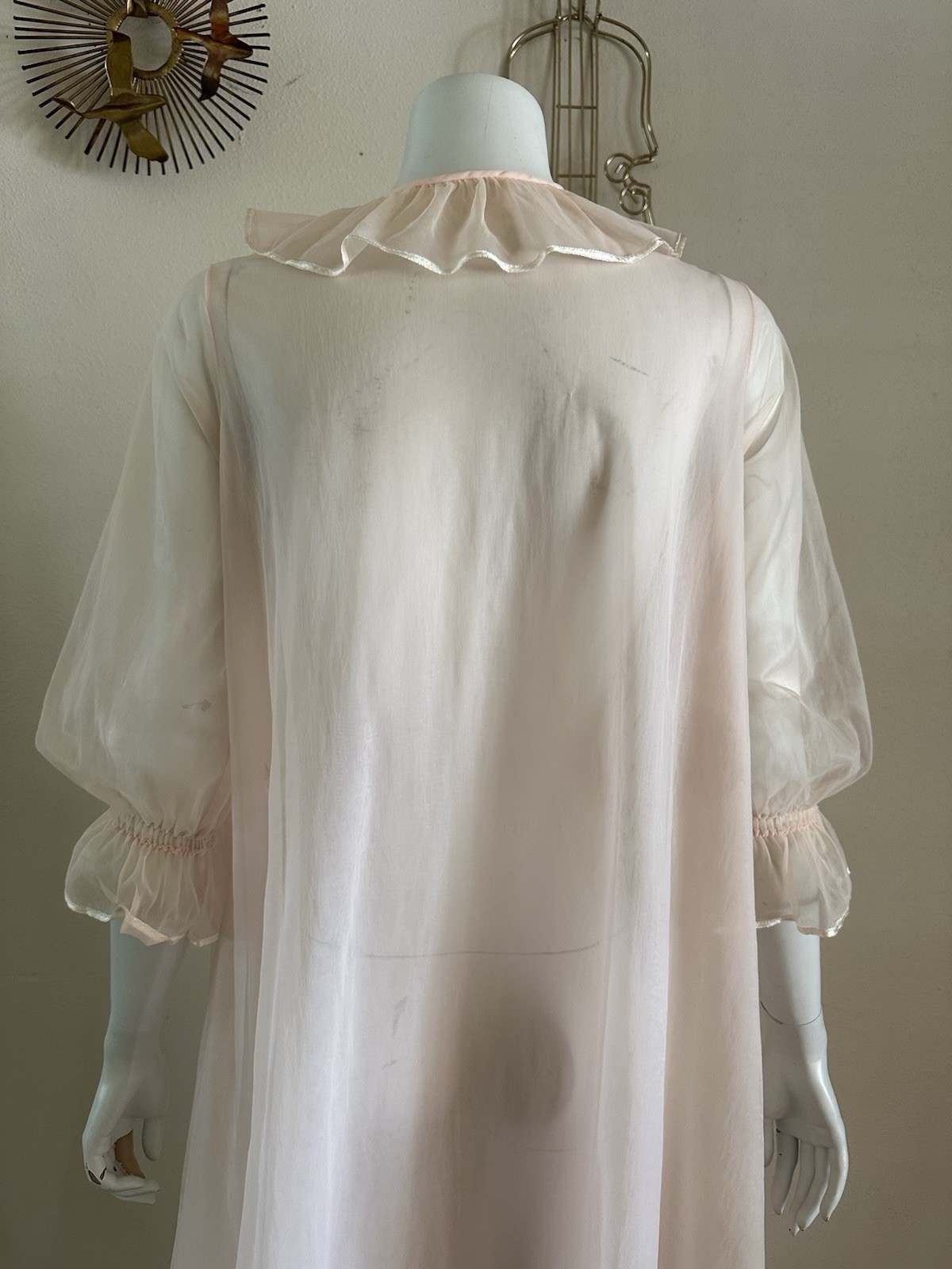 1960s Miss Elaine Pink Sheer Nylon Peignoir Robe Ruffle Front Double Layer VTG