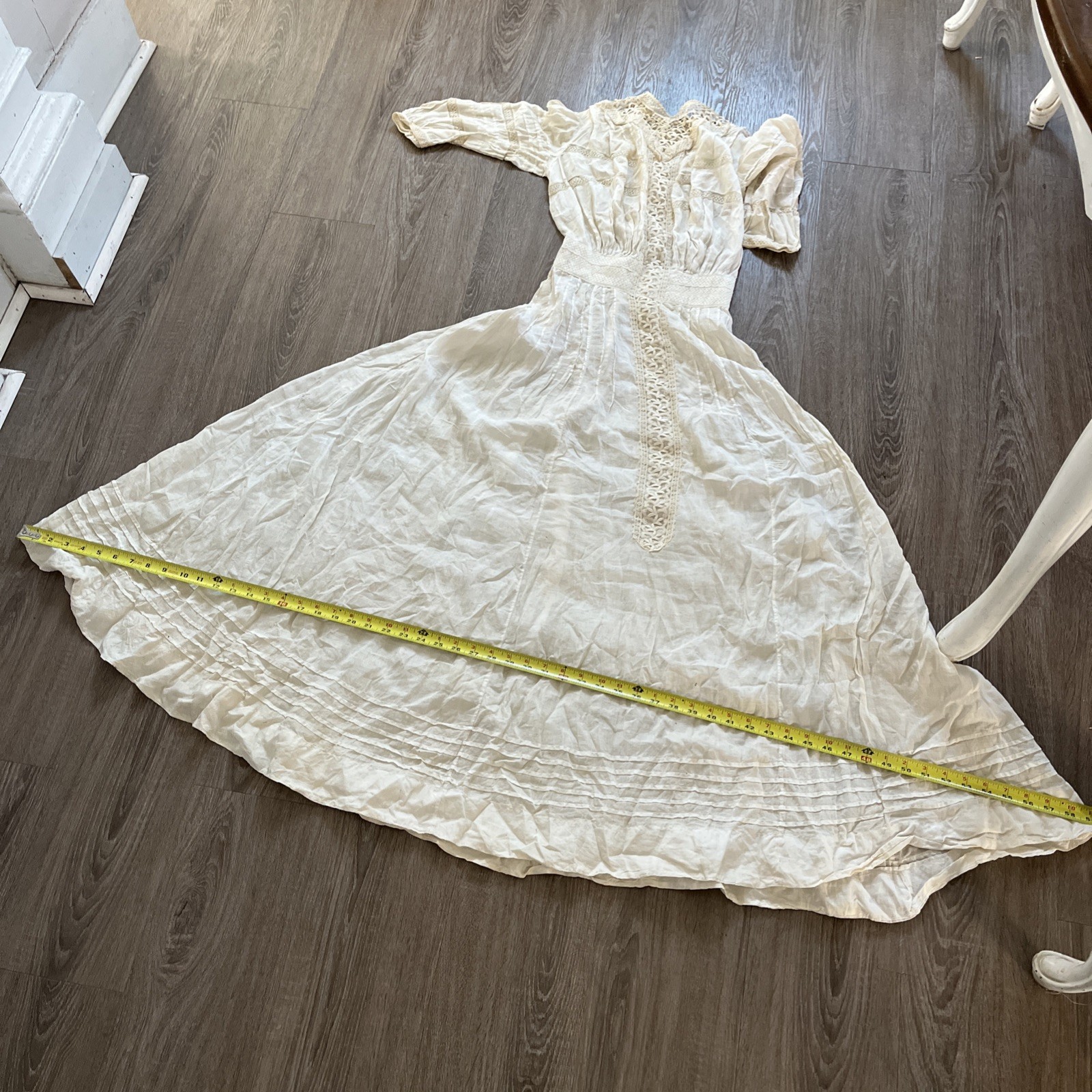 Authentic Edwardian Off White Cotton Lawn Dress c.1900 Lace Pintuck Button Back
