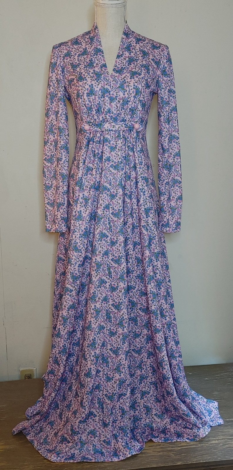Vintage 70s Handmade Polyester Hostess Gown Pink Maxi Dress Prairie Cottagecore