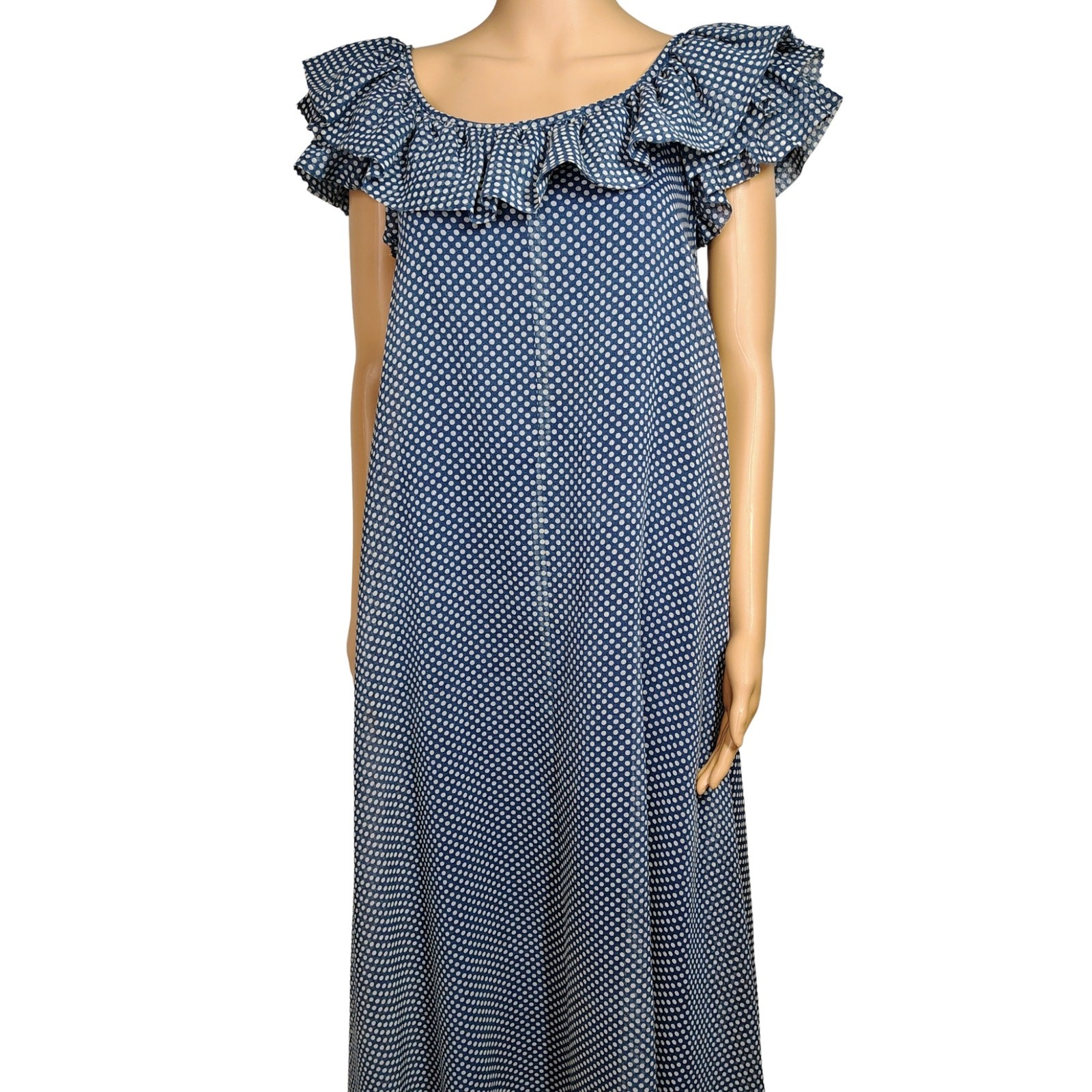 70s Joseph Magnin Blue Polka Dot Evening Gown Maxi Ruffled Neckline Dress Size 8